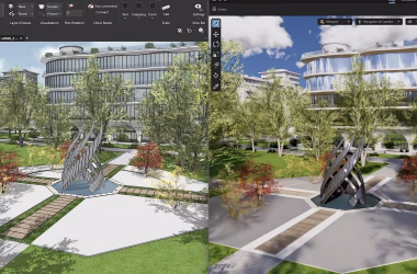 A digital rendering showing a modern urban plaza with a stylized sculpture at its center, surrounded by trees. Two views depict the plaza, showcasing paths, greenery, and contemporary buildings in the background under a clear blue sky.