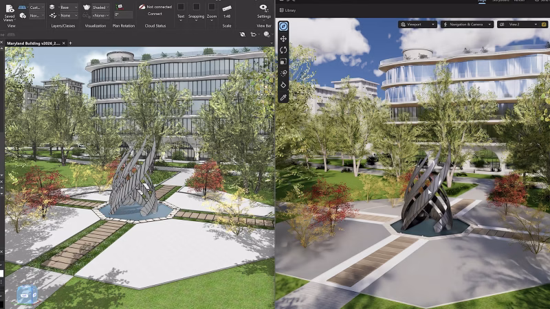 A digital rendering showing a modern urban plaza with a stylized sculpture at its center, surrounded by trees. Two views depict the plaza, showcasing paths, greenery, and contemporary buildings in the background under a clear blue sky.