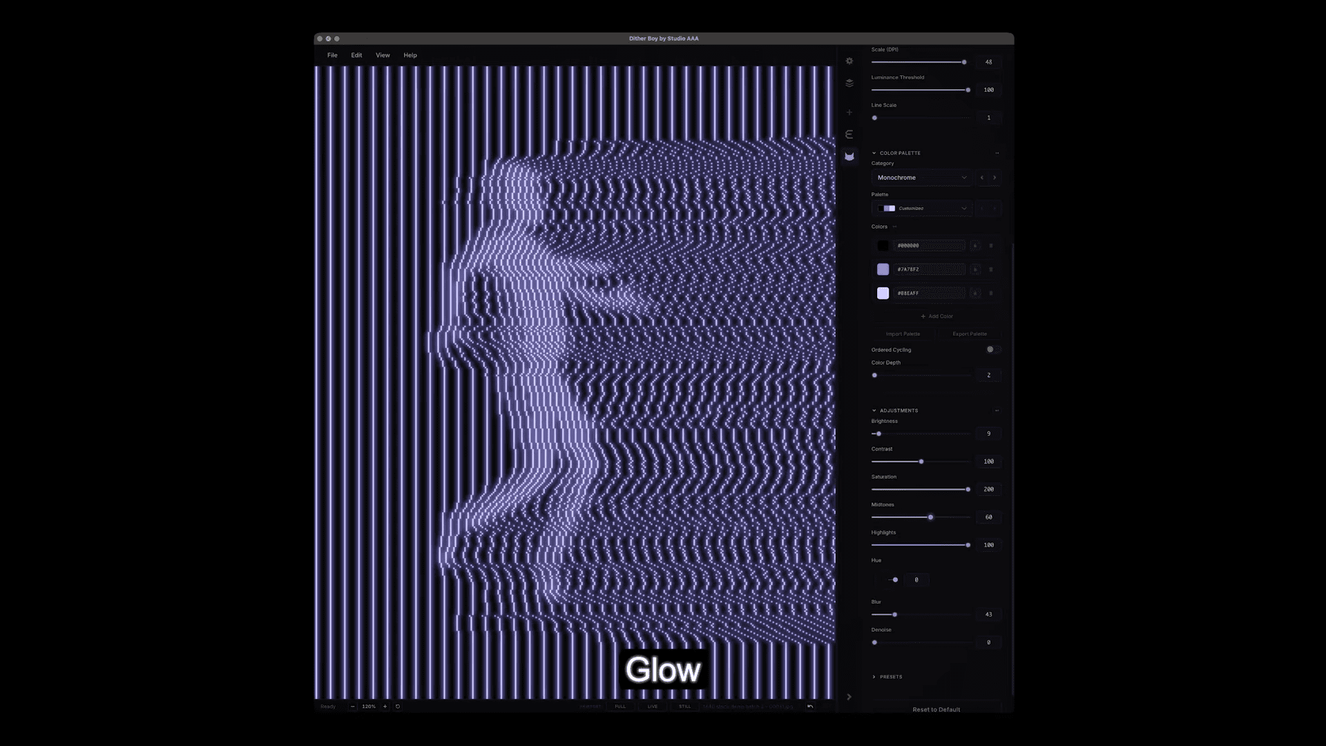 an abstract digital artwork featuring a figure composed of wavy lines against a backdrop of vertical stripes the hues are predominantly purple and there is a text at the bottom reading glow the right side displays various editing controls digital production An abstract digital artwork featuring a figure composed of wavy lines against a backdrop of vertical stripes. The hues are predominantly purple, and there is a text at the bottom reading "Glow." The right side displays various editing controls.