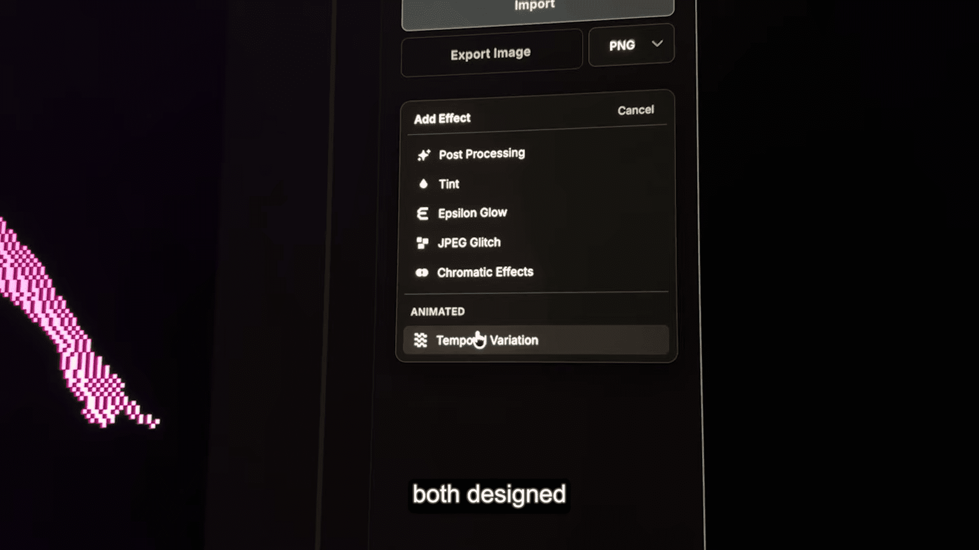a digital interface displaying an options menu with various effects for image editing including post processing tint epsilon glow and animated options like temporal variation against a dark background with colorful graphics digital production A digital interface displaying an options menu with various effects for image editing, including Post Processing, Tint, Epsilon Glow, and Animated options like Temporal Variation, against a dark background with colorful graphics.