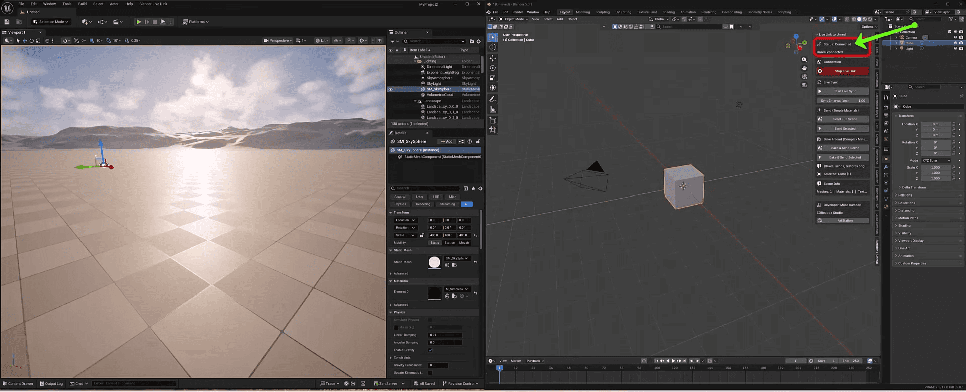 a splitscreen view of the blender interface the left side shows a 3d scene with a sunny sky and reflective surface while the right side displays the properties panel with various options highlighted a cube is placed in the 3d viewport digital production A split-screen view of the Blender interface. The left side shows a 3D scene with a sunny sky and reflective surface, while the right side displays the properties panel with various options highlighted. A cube is placed in the 3D viewport.