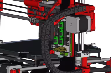 Close-up view of a 3D printer's internal mechanism featuring red and black components, wiring, and a green circuit board, highlighting its intricate design and assembly.