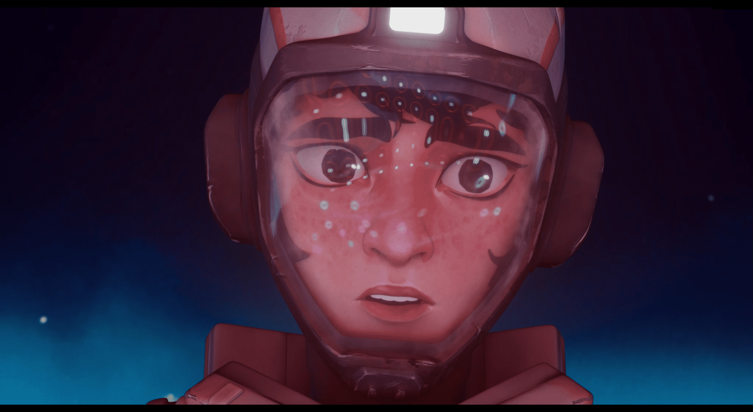 a closeup of a young astronauts face showing surprise or concern with a reflective helmet visor partially obscuring their features the background features a gradient of deep blue and black suggesting an outer space environment digital production A close-up of a young astronaut's face showing surprise or concern, with a reflective helmet visor partially obscuring their features. The background features a gradient of deep blue and black, suggesting an outer space environment.