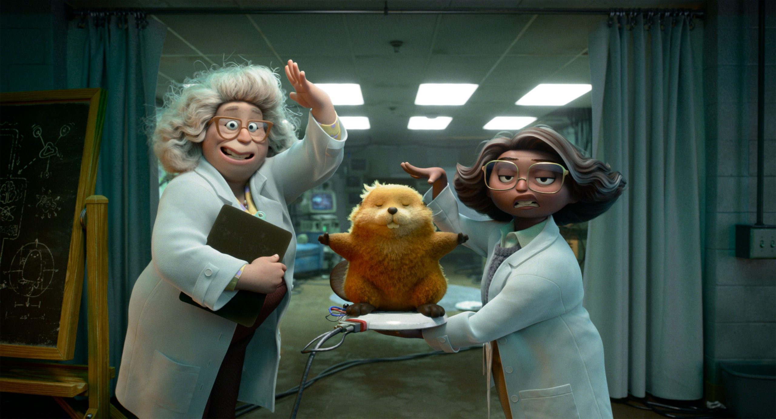 two animated scientists in lab coats stand in a laboratory one with curly gray hair holds a clipboard while the other presents a fluffy orange creature on a platter the background features lab equipment and chalkboards digital production Two animated scientists in lab coats stand in a laboratory. One, with curly gray hair, holds a clipboard while the other presents a fluffy, orange creature on a platter. The background features lab equipment and chalkboards.