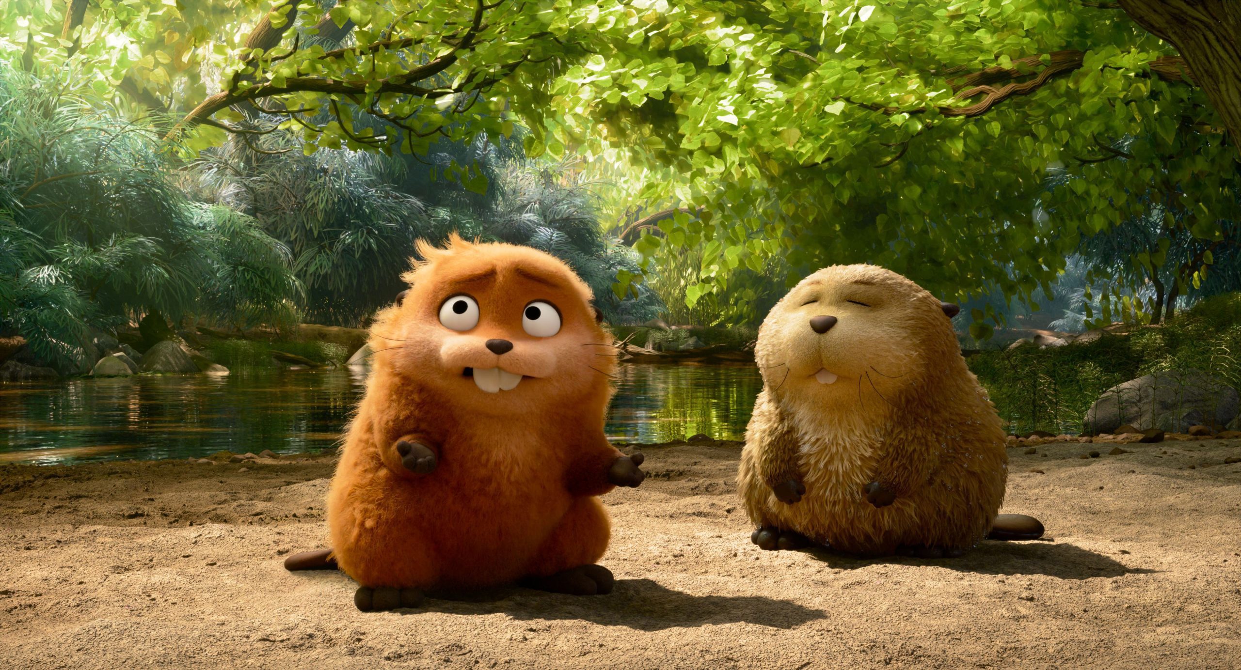 two animated beaver characters sitting on a sandy riverbank one beaver is orange with large teeth while the other is a brown round figure both surrounded by lush greenery and a calm water backdrop digital production Two animated beaver characters sitting on a sandy riverbank. One beaver is orange with large teeth, while the other is a brown, round figure, both surrounded by lush greenery and a calm water backdrop.