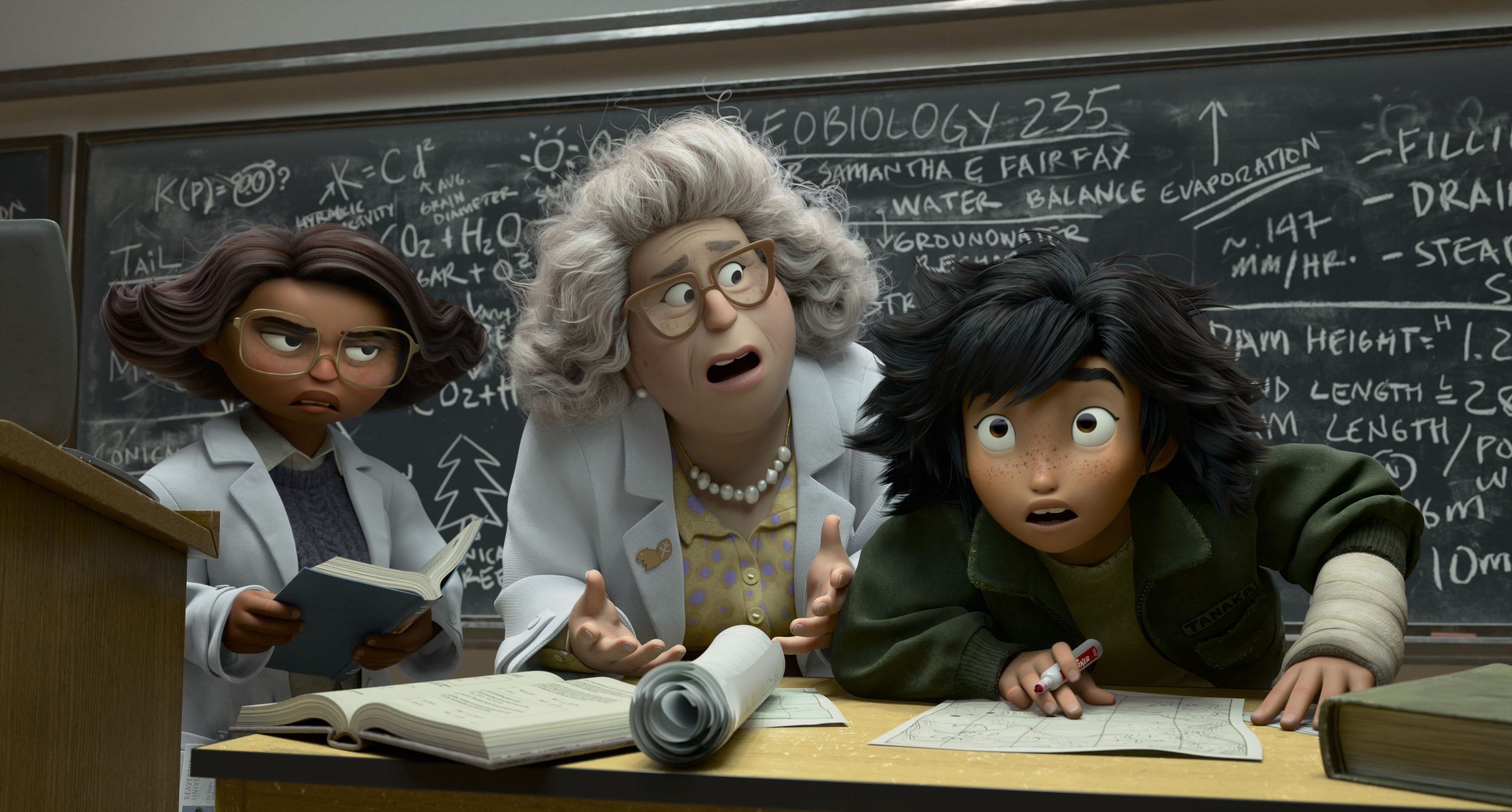 three animated characters in a classroom setting one character with curly hair holds a book a middleaged woman gestures with glasses and a girl in a jacket leans forward all appearing engaged in discussion a blackboard with scientific notes is in the background digital production Three animated characters in a classroom setting. One character with curly hair holds a book, a middle-aged woman gestures with glasses, and a girl in a jacket leans forward, all appearing engaged in discussion. A blackboard with scientific notes is in the background.