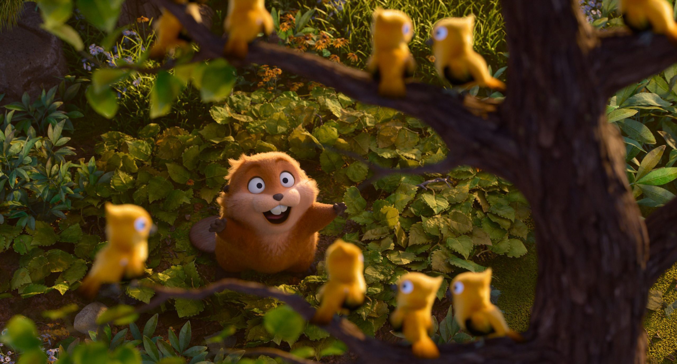 a cheerful animated creature with brown fur stands on the ground smiling at a group of small bright yellow birds perched on a tree branch above the background features lush green foliage and colorful flowers creating a vibrant forest scene digital production A cheerful animated creature with brown fur stands on the ground, smiling at a group of small, bright yellow birds perched on a tree branch above. The background features lush green foliage and colorful flowers, creating a vibrant forest scene.