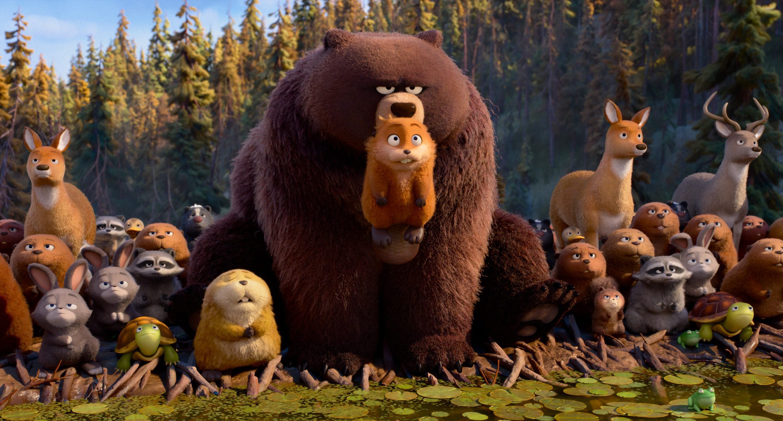 a large bear stands in a forest clearing holding an orange character by the scruff surrounding them is a crowd of various animated animals including rabbits deer and raccoons all watching intently against a backdrop of tall trees digital production A large bear stands in a forest clearing, holding an orange character by the scruff. Surrounding them is a crowd of various animated animals, including rabbits, deer, and raccoons, all watching intently against a backdrop of tall trees.