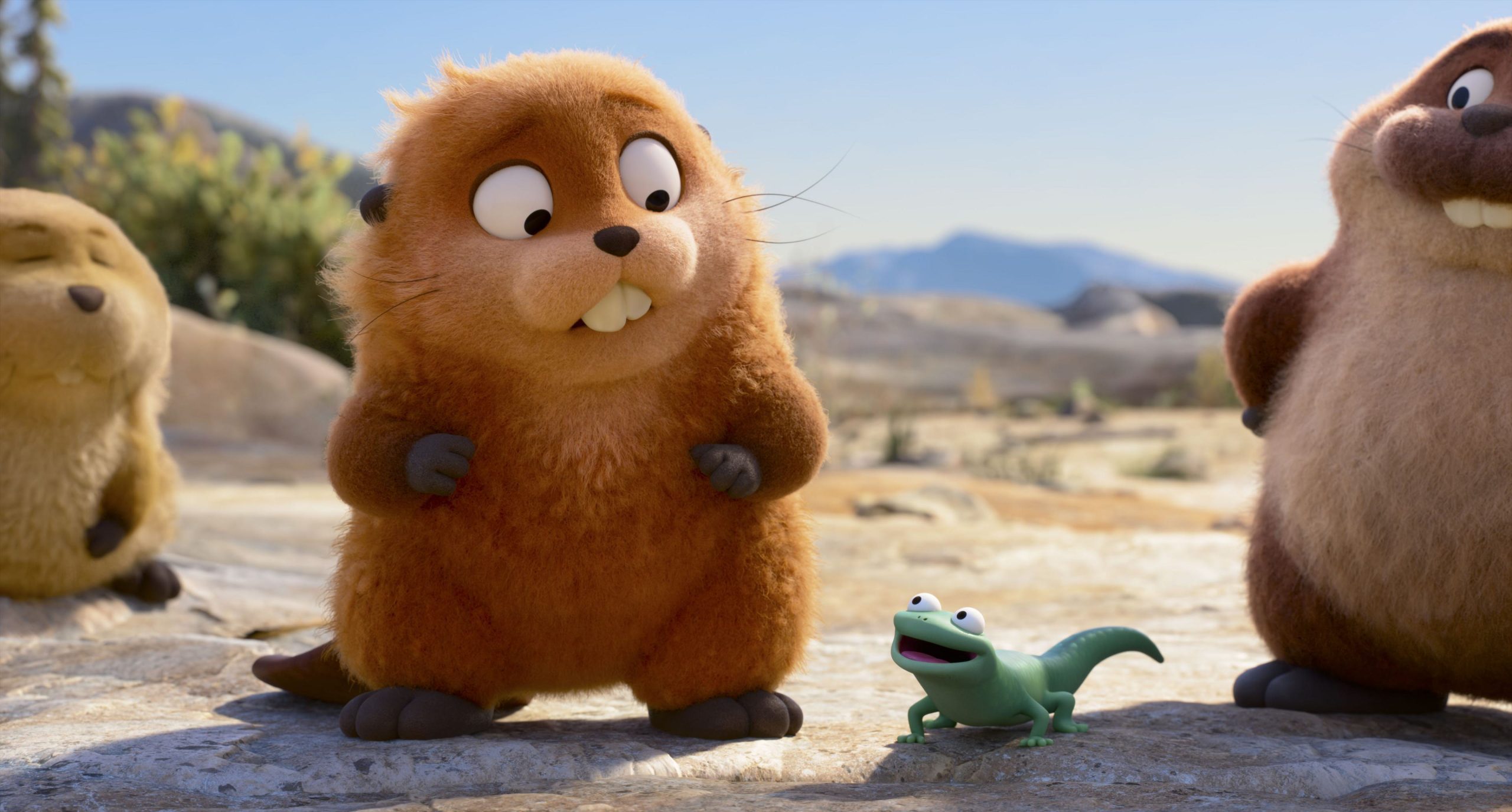 three animated beavers stand on a rocky surface in a sunny landscape with rolling hills in the background a small green lizardlike character stands in front of one of the beavers creating a playful scene digital production Three animated beavers stand on a rocky surface in a sunny landscape, with rolling hills in the background. A small, green lizard-like character stands in front of one of the beavers, creating a playful scene.