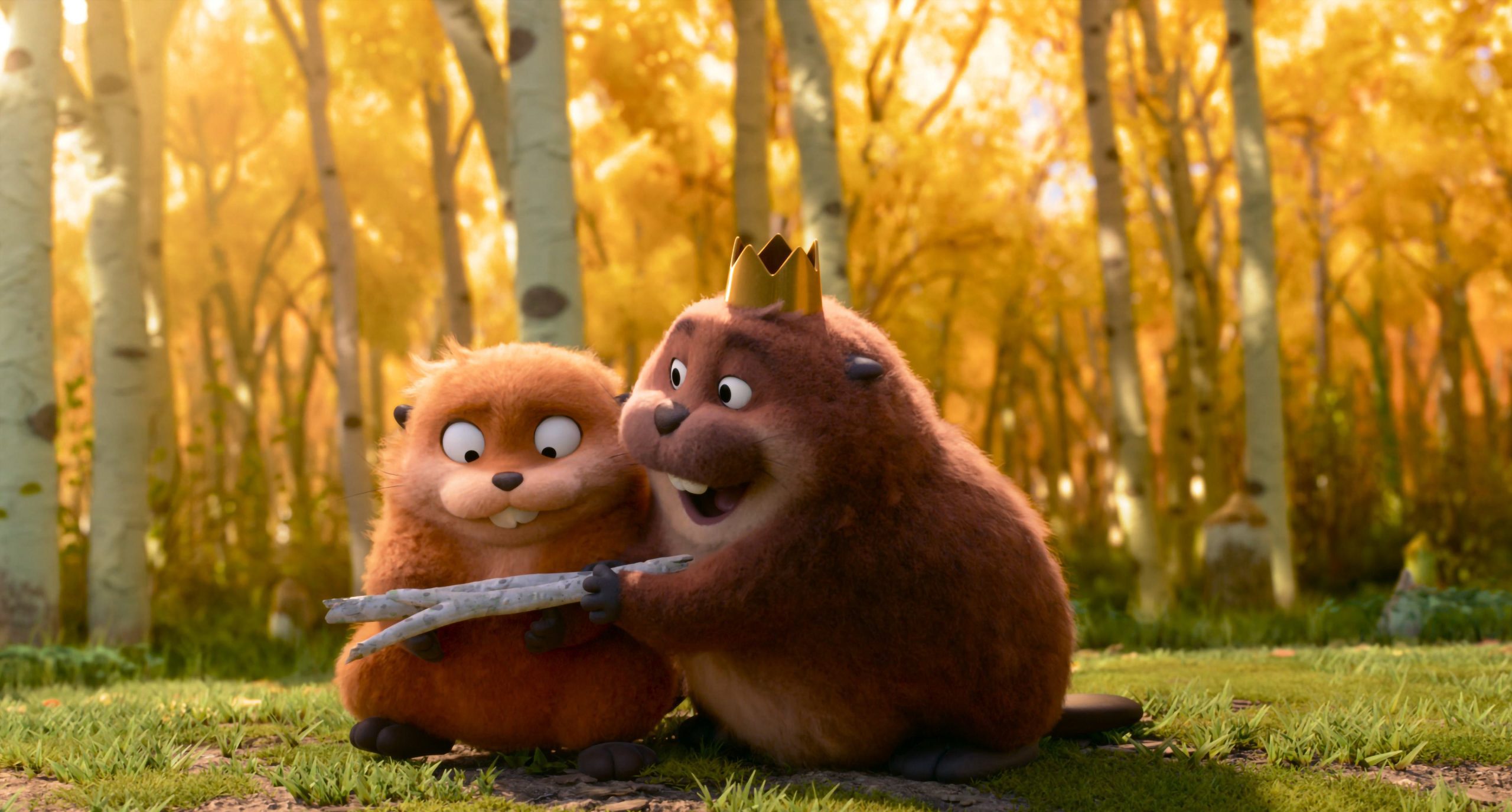 two animated beaver characters sitting on a grassy area surrounded by golden autumn trees one beaver wearing a small crown is excitedly showing the other a stick digital production Two animated beaver characters sitting on a grassy area, surrounded by golden autumn trees. One beaver, wearing a small crown, is excitedly showing the other a stick.