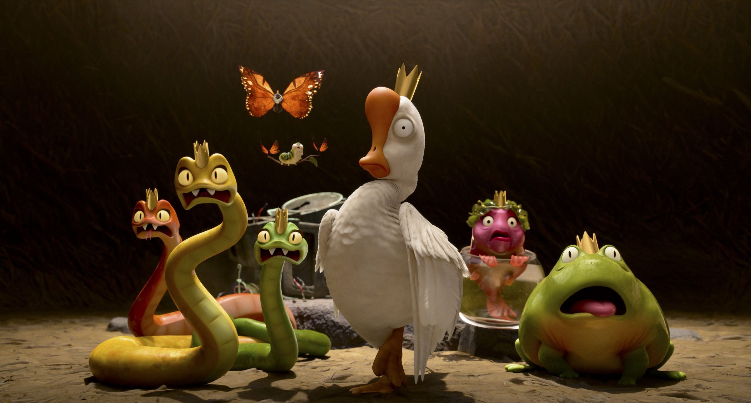 a comedic scene featuring a central white goose wearing a crown surrounded by colorful cartoon snakes and frogs all with exaggerated facial expressions a butterfly flutters above them in a dimly lit setting digital production A comedic scene featuring a central white goose wearing a crown, surrounded by colorful cartoon snakes and frogs, all with exaggerated facial expressions. A butterfly flutters above them in a dimly lit setting.