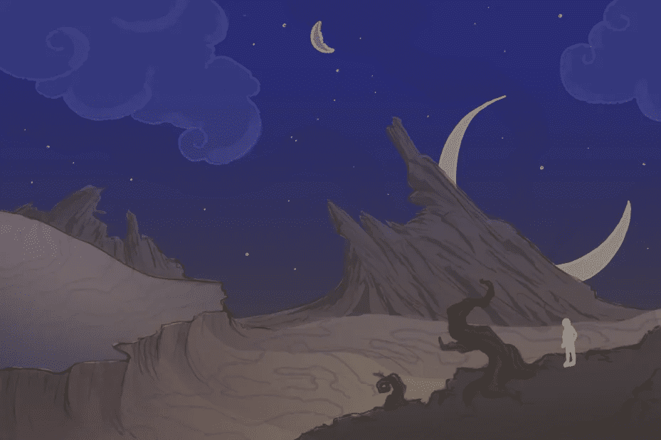 a silhouetted figure stands on a rocky landscape under a starry night sky gazing at two large crescent moons and wispy clouds with dark twisted trees framing the scene digital production A silhouetted figure stands on a rocky landscape under a starry night sky, gazing at two large crescent moons and wispy clouds, with dark twisted trees framing the scene.
