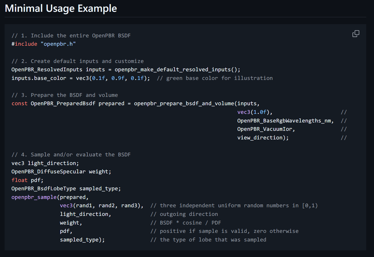 a code snippet displaying a minimal usage example of openpbr including c code for configuring inputs preparing a bsdf and sampling key components like light direction weight and sampled type are highlighted digital production A code snippet displaying a minimal usage example of OpenPBR, including C++ code for configuring inputs, preparing a BSDF, and sampling. Key components like light direction, weight, and sampled type are highlighted.