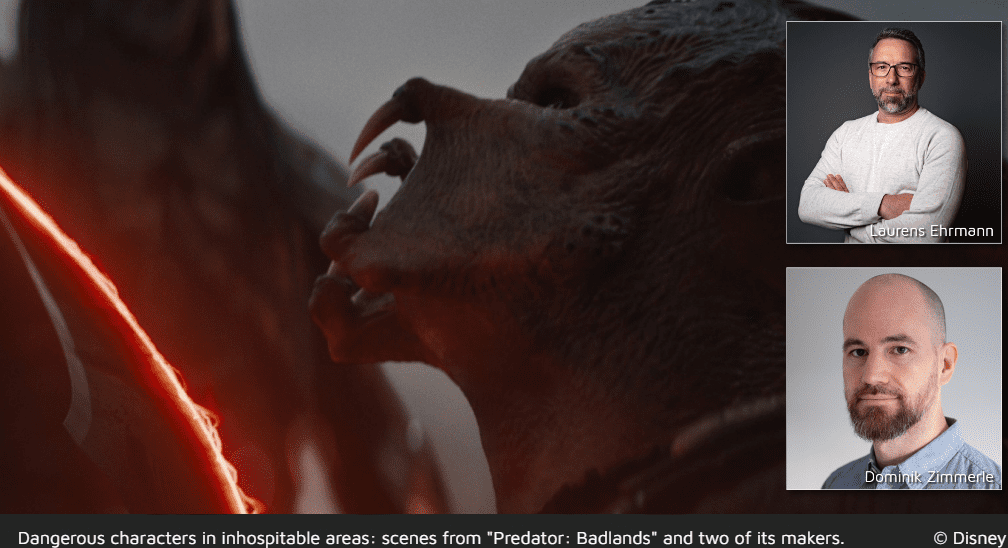 a closeup of a menacing creature with sharp teeth and glowing red eyes set against a dark background inset images show two male creators smiling the overall theme suggests danger in inhospitable environments digital production A close-up of a menacing creature with sharp teeth and glowing red eyes, set against a dark background. Inset images show two male creators smiling. The overall theme suggests danger in inhospitable environments.