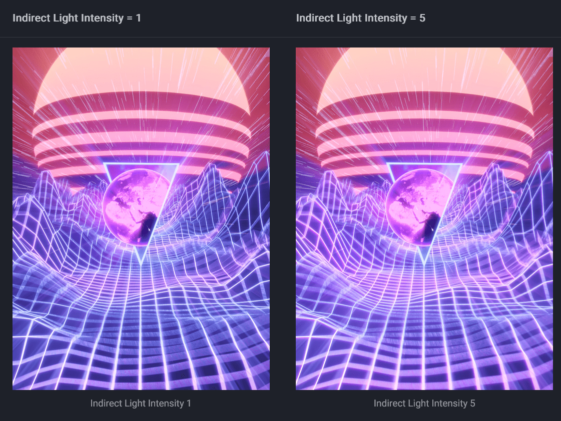 a digital artwork contrasting two scenes with different indirect light intensities the left side shows a dimmer blue and purple landscape with a planet while the right side features a brighter more vibrant scene with enhanced light effects digital production A digital artwork contrasting two scenes with different indirect light intensities. The left side shows a dimmer blue and purple landscape with a planet, while the right side features a brighter, more vibrant scene with enhanced light effects.