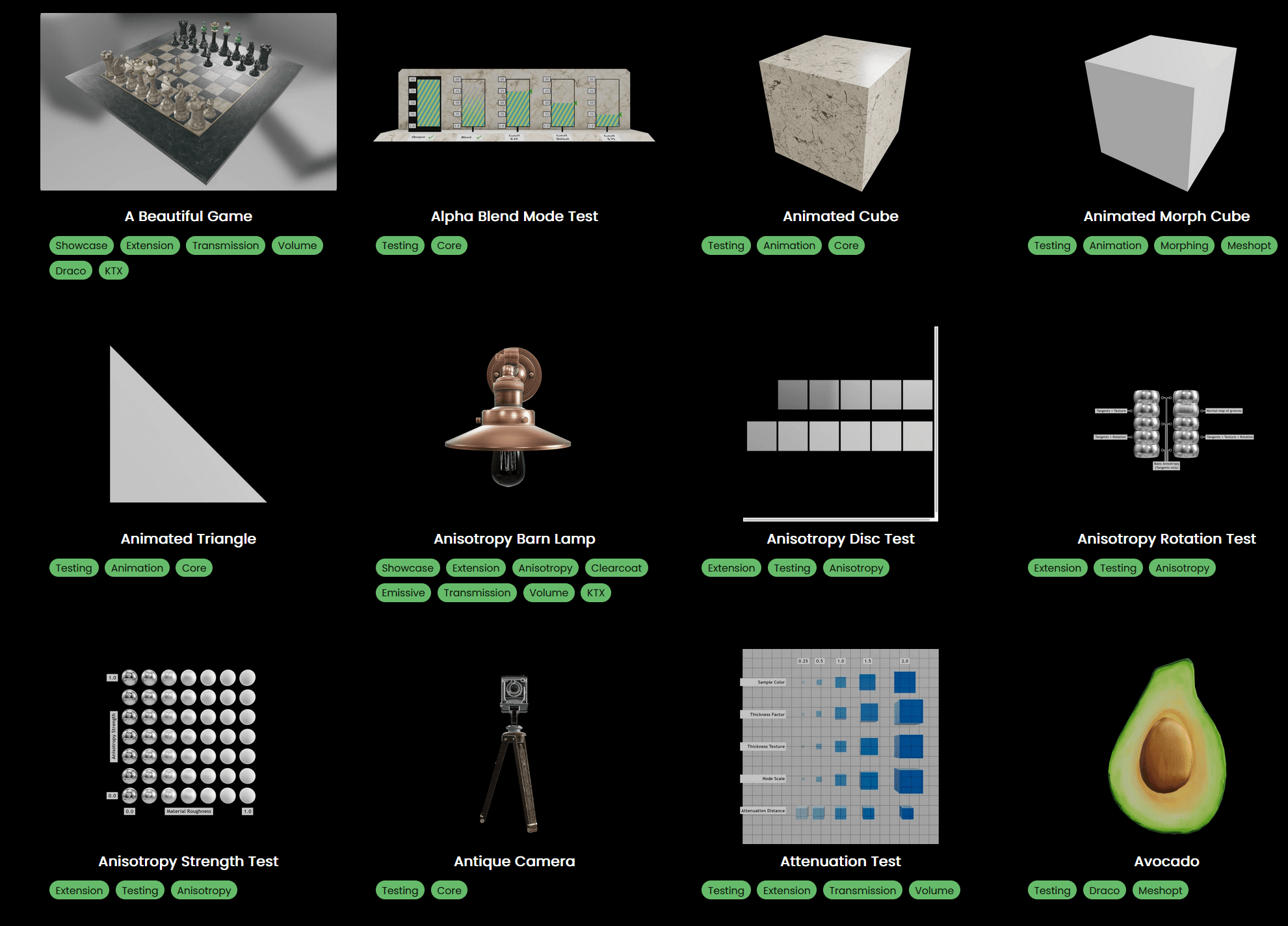 a grid of 12 images each depicting various 3d models including a chess game animated shapes a lamp and an avocado all presented on a black background with green labels describing their features digital production A grid of 12 images, each depicting various 3D models including a chess game, animated shapes, a lamp, and an avocado, all presented on a black background with green labels describing their features.