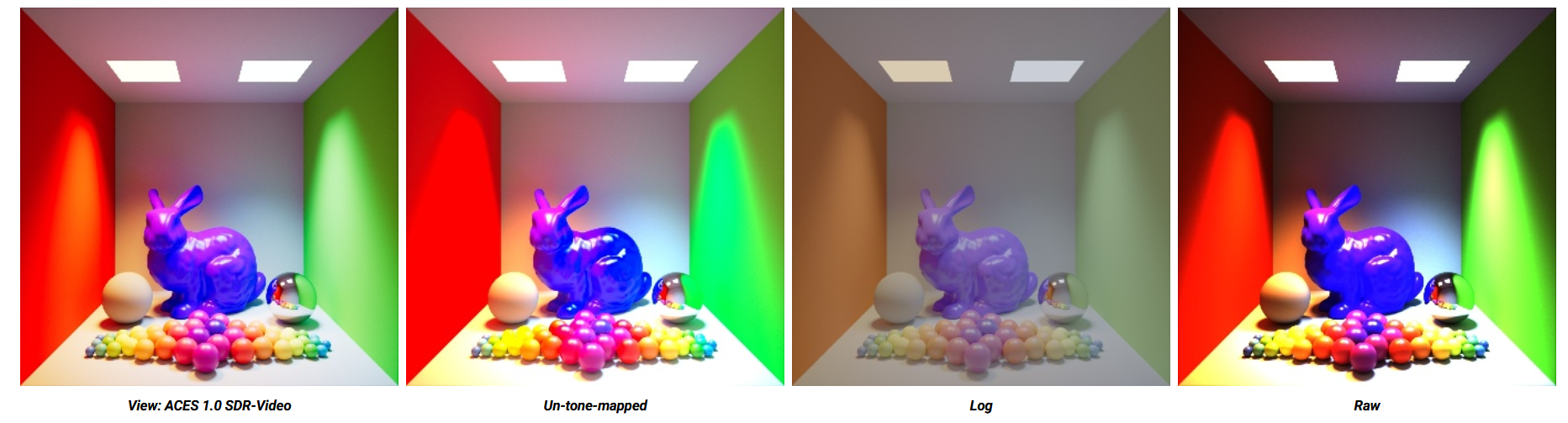 four images showcasing the same scene of a purple rabbit surrounded by colorful eggs and objects in a cube with different lighting effects red green neutral and raw lighting for visual comparison digital production Four images showcasing the same scene of a purple rabbit surrounded by colorful eggs and objects in a cube, with different lighting effects: red, green, neutral, and raw lighting for visual comparison.