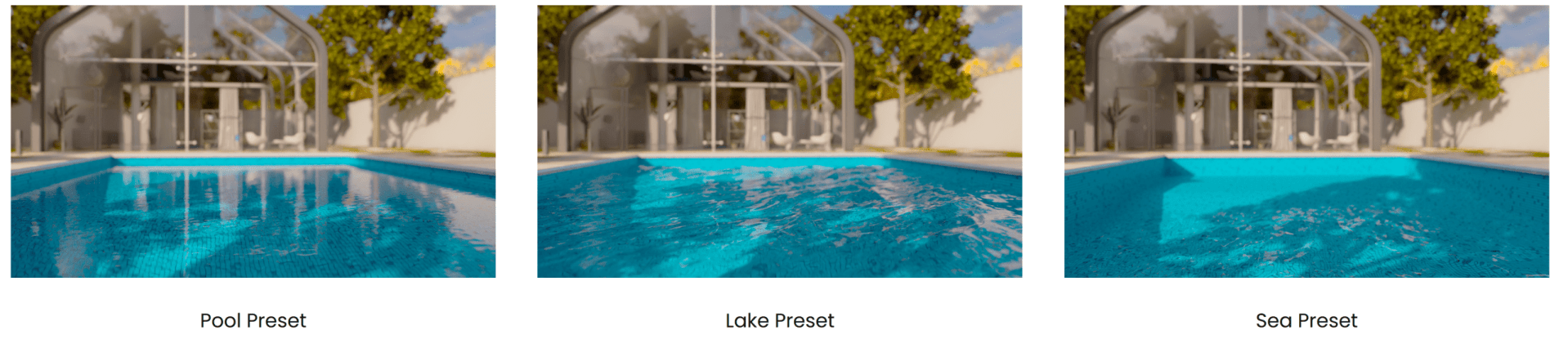 three sidebyside images showing different water environments a clear swimming pool with reflections a serene lake surrounded by greenery and a tranquil sea with gentle waves all under a sunny sky digital production Three side-by-side images showing different water environments: a clear swimming pool with reflections, a serene lake surrounded by greenery, and a tranquil sea with gentle waves, all under a sunny sky.