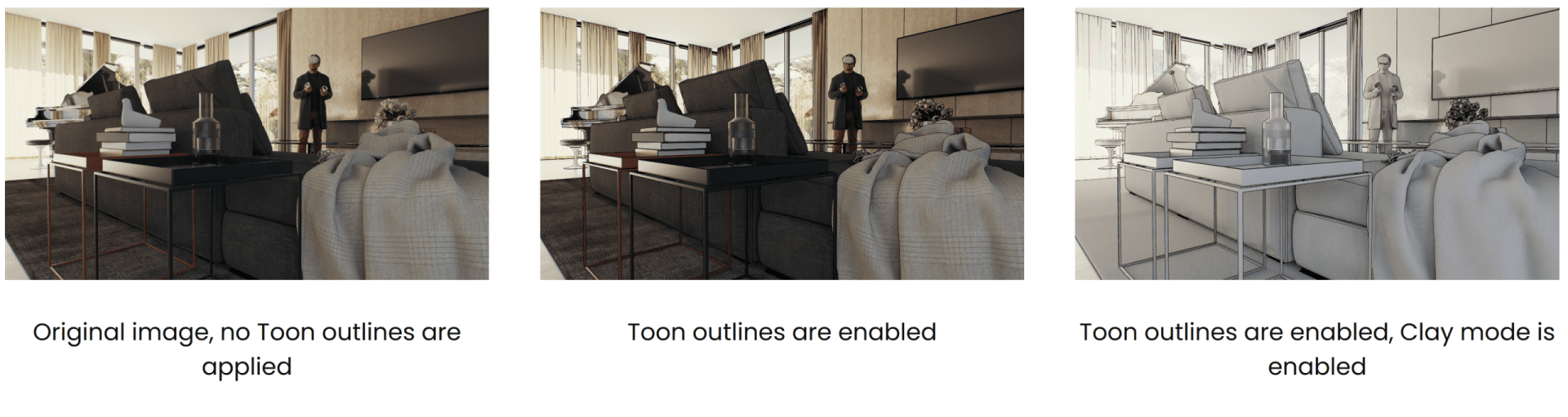 a sidebyside comparison of three rendered images of a modern living room scene the first shows the original rendering without effects the second features toon outlines and the third displays a clay mode with toon outlines digital production A side-by-side comparison of three rendered images of a modern living room scene. The first shows the original rendering without effects, the second features toon outlines, and the third displays a clay mode with toon outlines.