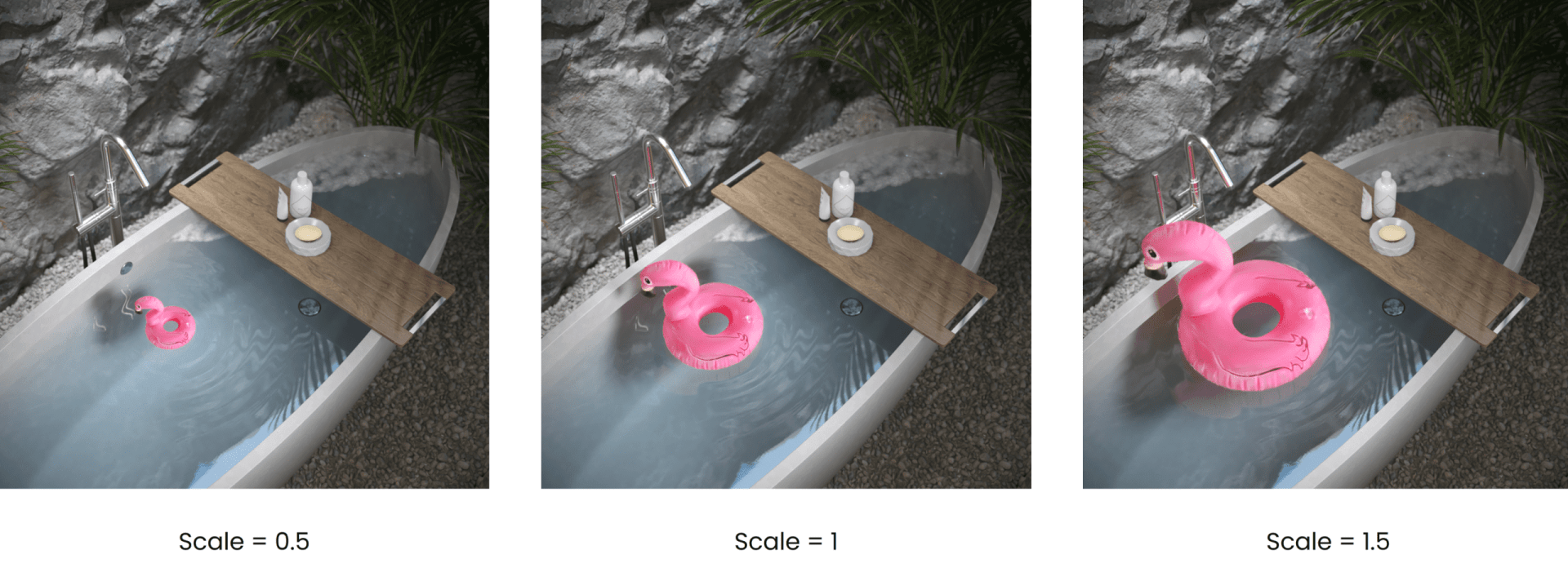 three images of a bathtub showcasing a pink flamingo pool float at different scales 05 1 and 15 each image includes a wooden bath tray with a candle and a drink surrounded by natural elements like rocks and greenery digital production Three images of a bathtub showcasing a pink flamingo pool float at different scales: 0.5, 1, and 1.5. Each image includes a wooden bath tray with a candle and a drink, surrounded by natural elements like rocks and greenery.