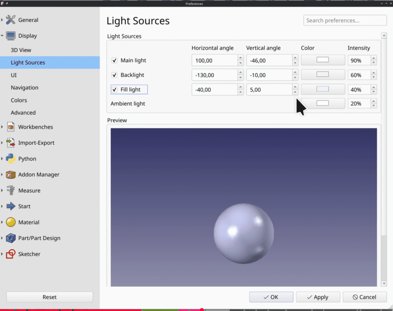a computer screen displaying a preferences menu with the title light sources sections include settings for main light backlight fill light and ambient light with sliders for intensity and angles and a 3d preview of a glossy sphere digital production A computer screen displaying a preferences menu with the title "Light Sources." Sections include settings for main light, backlight, fill light, and ambient light, with sliders for intensity and angles, and a 3D preview of a glossy sphere.