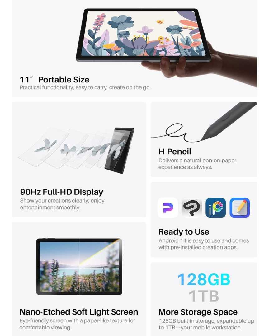 a person holding an 11inch tablet with a colorful floral illustration on the screen the tablet features a stylus next to it highlighting its capabilities informative text around the tablet describes its hd display storage and userfriendly features digital production A person holding an 11-inch tablet with a colorful floral illustration on the screen. The tablet features a stylus next to it, highlighting its capabilities. Informative text around the tablet describes its HD display, storage, and user-friendly features.