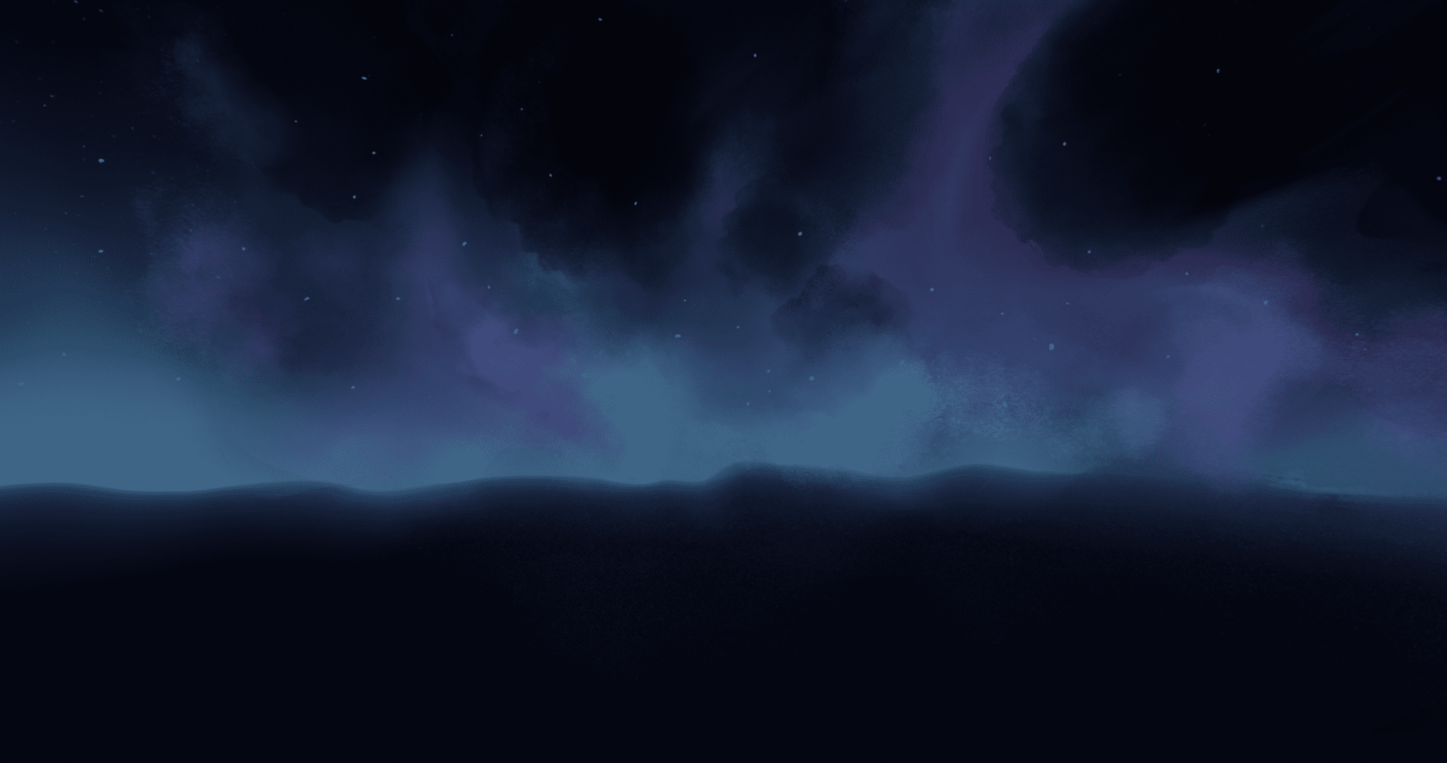 a vast dark landscape under a night sky filled with swirling purple and blue clouds dotted with twinkling stars creating a serene and ethereal atmosphere digital production A vast, dark landscape under a night sky filled with swirling purple and blue clouds, dotted with twinkling stars, creating a serene and ethereal atmosphere.