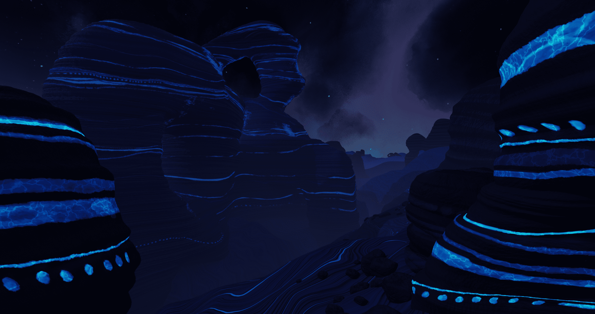 a dark surreal landscape showcasing layered rocky formations illuminated by bright blue lines and dots the sky is partly cloudy adding a mysterious atmosphere to the scene digital production A dark, surreal landscape showcasing layered rocky formations illuminated by bright blue lines and dots. The sky is partly cloudy, adding a mysterious atmosphere to the scene.