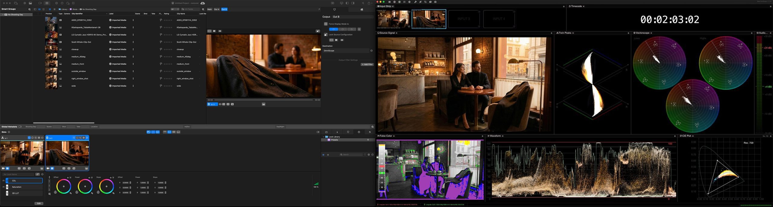 a dualscreen setup showing video editing software the left screen displays a timeline with clips color grading options and a preview window the right screen features a color scope with waveforms and histograms depicting analysis tools for editing digital production A dual-screen setup showing video editing software. The left screen displays a timeline with clips, color grading options, and a preview window. The right screen features a color scope with waveforms and histograms, depicting analysis tools for editing.