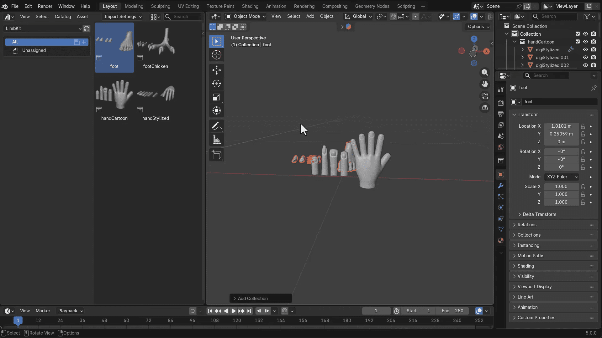 a 3d modeling workspace in blender displaying a gray hand model in the center to the left a panel lists other hand variations the interface features various tools and options typical of 3d design software digital production A 3D modeling workspace in Blender displaying a gray hand model in the center. To the left, a panel lists other hand variations. The interface features various tools and options typical of 3D design software.