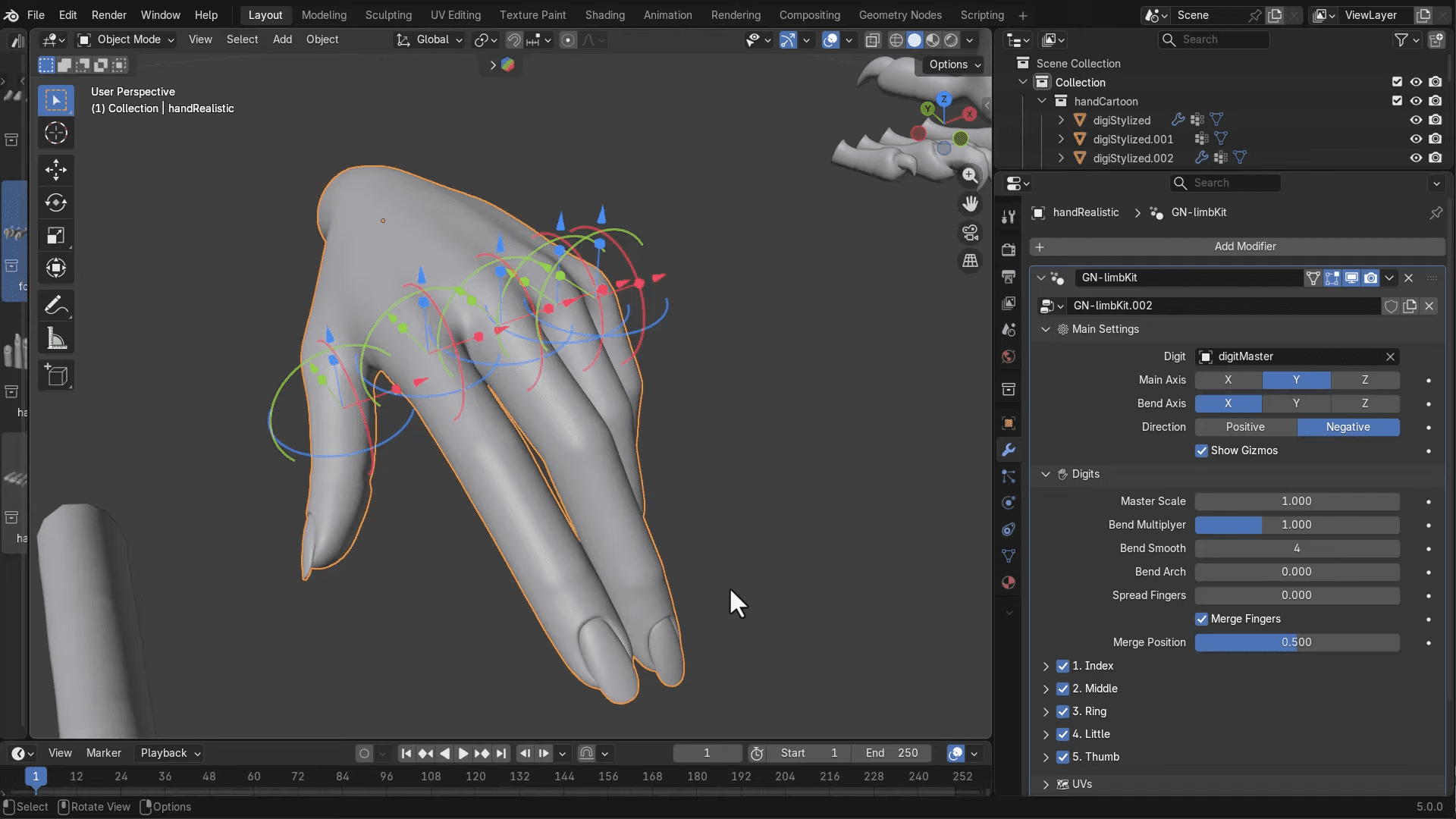 a 3d model of a hand in blender software showcasing a skeletal rig with control points highlighted in red and blue the settings panel on the right displays options for adjusting rig parameters digital production A 3D model of a hand in Blender software, showcasing a skeletal rig with control points highlighted in red and blue. The settings panel on the right displays options for adjusting rig parameters.
