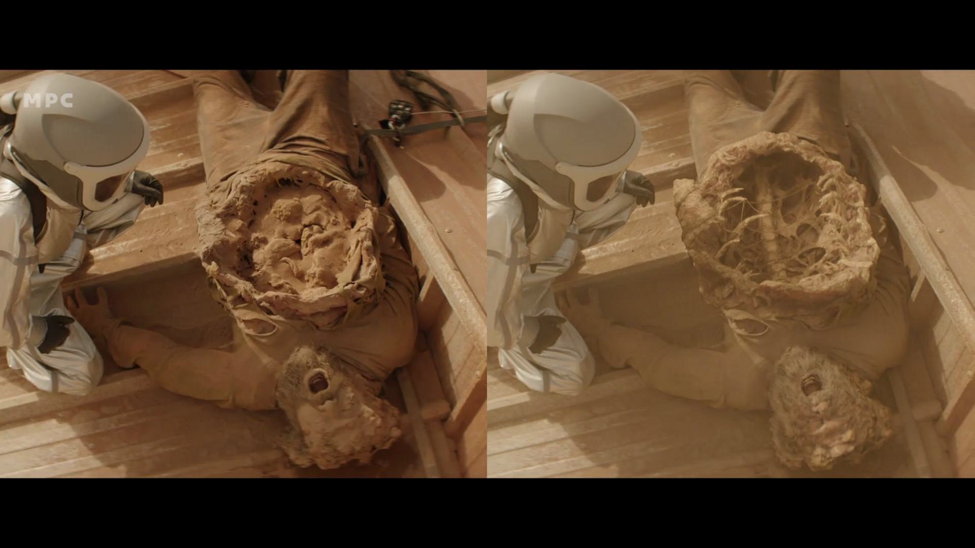 a scene showcasing a character lying on a wooden platform surrounded by debris a futuristic robot stands nearby observing the situation the image features a split view highlighting different states of the characters appearance digital production A scene showcasing a character lying on a wooden platform surrounded by debris. A futuristic robot stands nearby, observing the situation. The image features a split view, highlighting different states of the character's appearance.