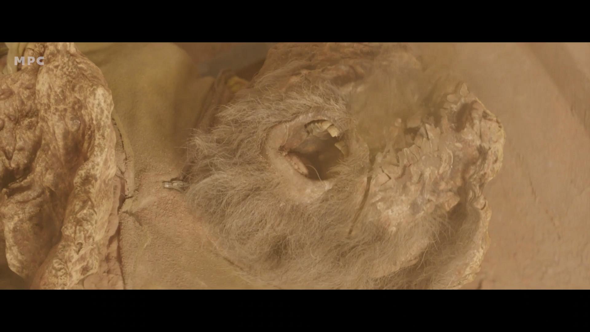 closeup view of a mummified figure lying on a sandy surface showcasing its weathered skin and gray beard dust particles are visible in the air adding a sense of age to the scene digital production Close-up view of a mummified figure lying on a sandy surface, showcasing its weathered skin and gray beard. Dust particles are visible in the air, adding a sense of age to the scene.