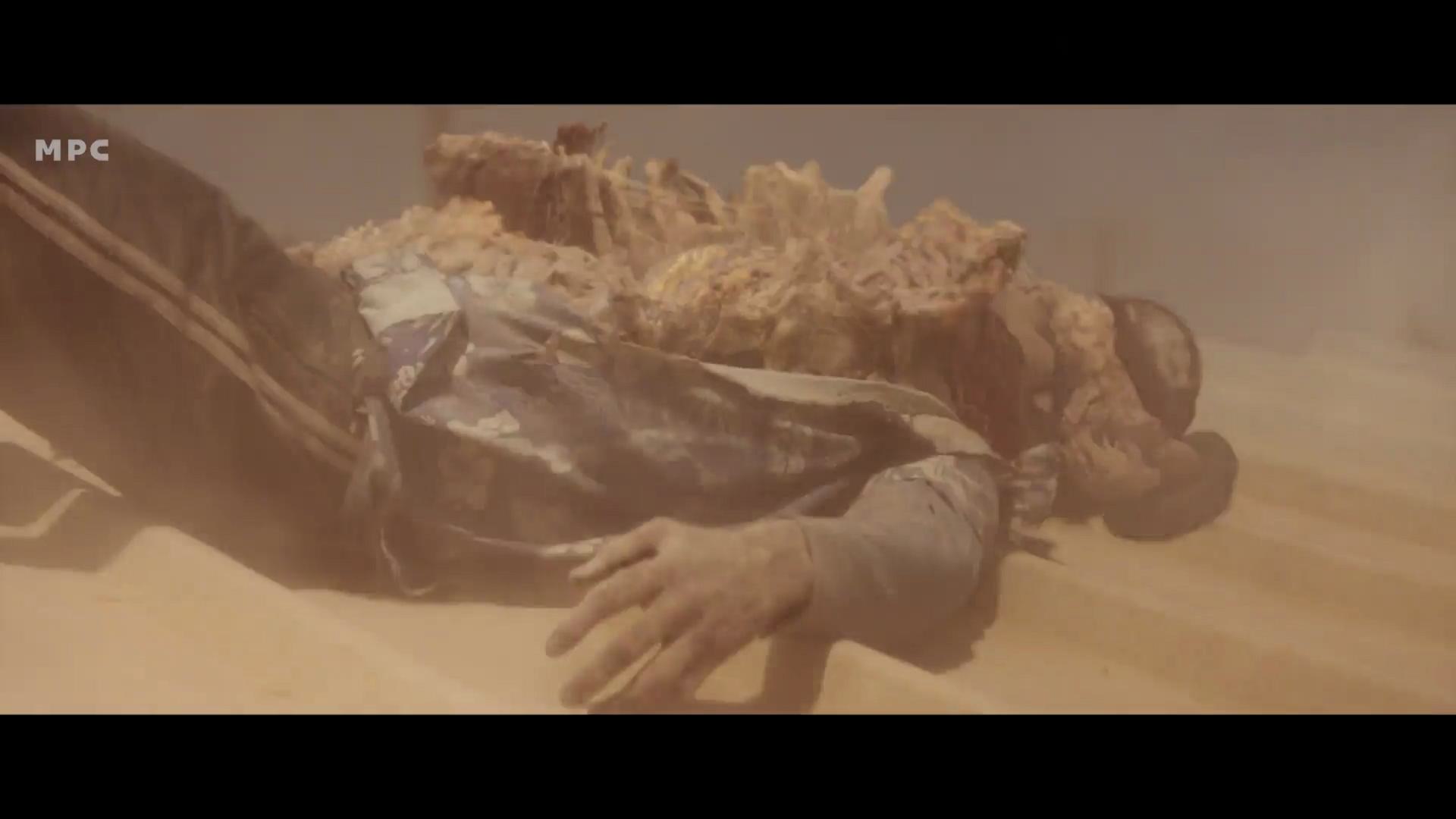 a figure lying on sandy ground partially covered in debris with dust swirling around in a harsh environment the scene conveys a sense of desolation and struggle digital production A figure lying on sandy ground, partially covered in debris, with dust swirling around in a harsh environment. The scene conveys a sense of desolation and struggle.