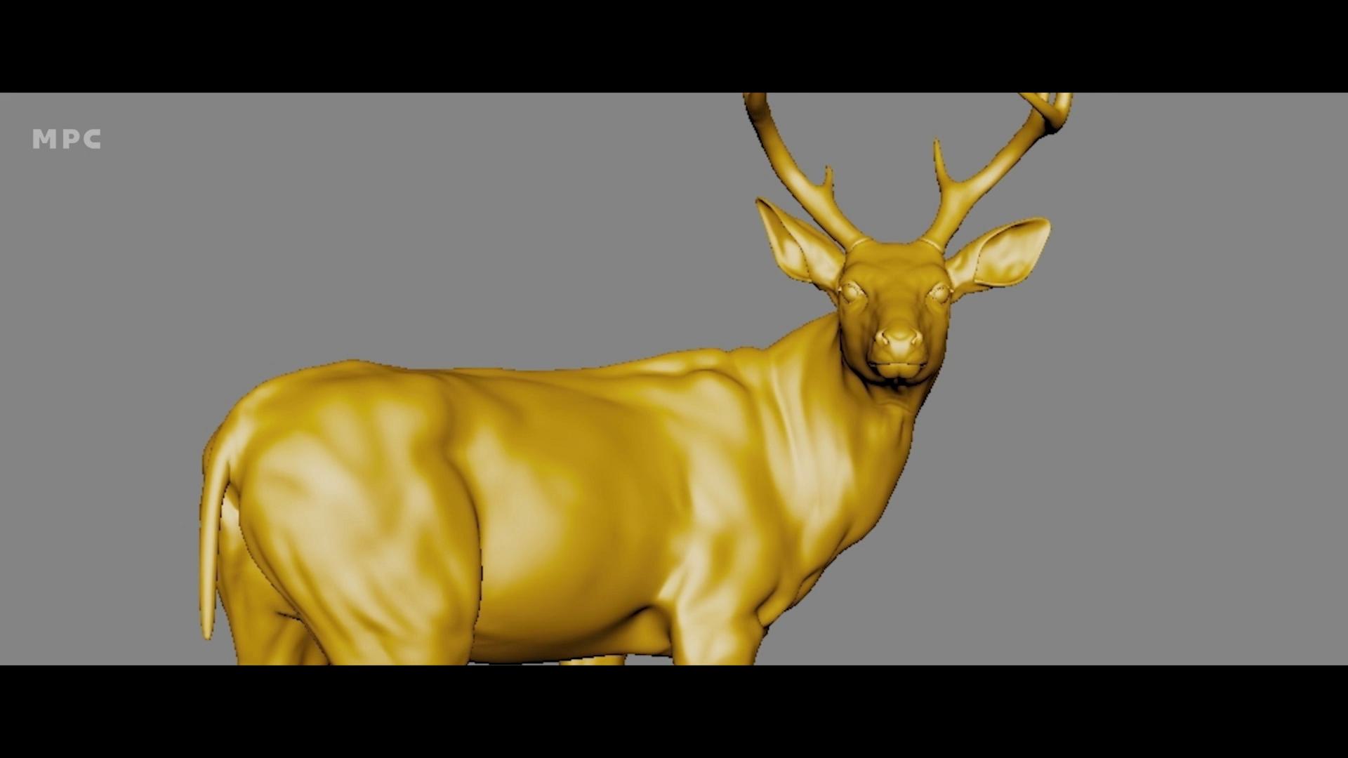 a 3d model of a deer displayed in a smooth golden finish showcasing its antlers and body contours against a gray background digital production A 3D model of a deer displayed in a smooth, golden finish, showcasing its antlers and body contours against a gray background.