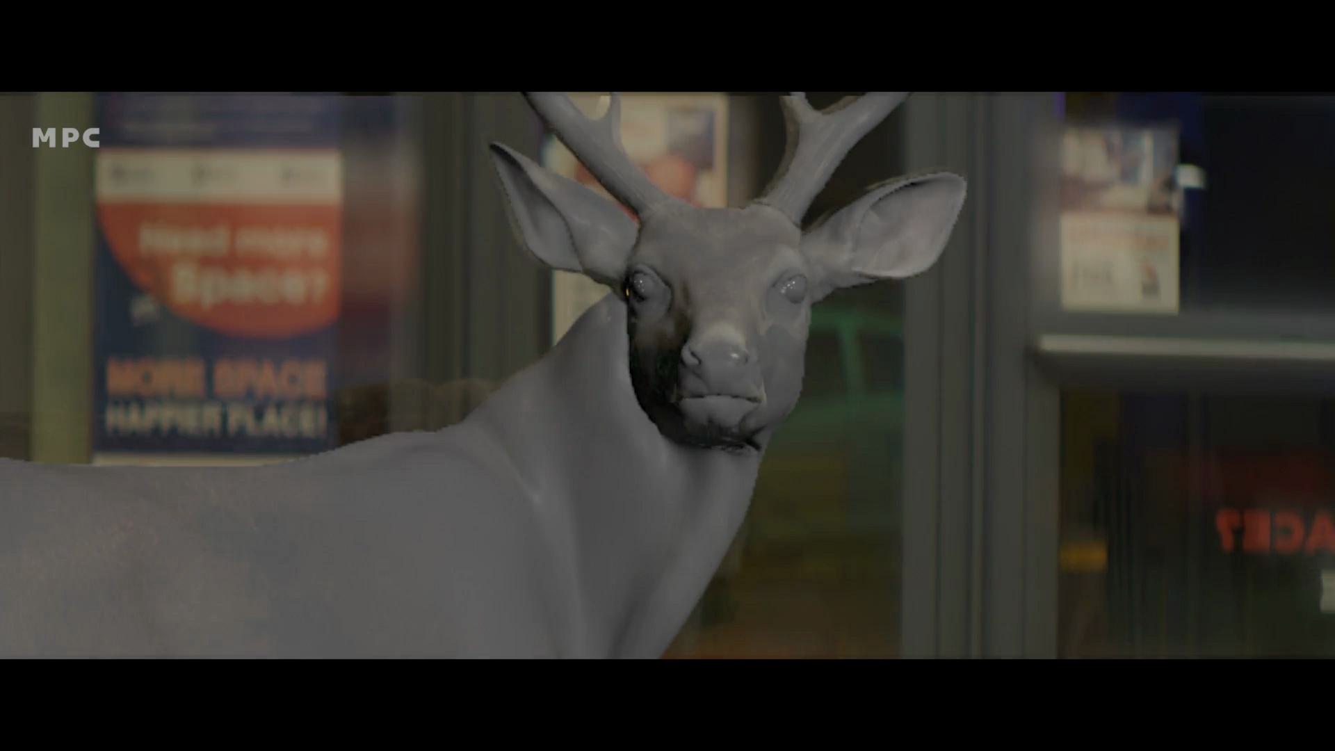 a digital rendering of a deer with antlers standing in front of a storefront the deer appears in a smooth gray texture contrasting with the brightly lit background of the shop display features digital production A digital rendering of a deer with antlers, standing in front of a storefront. The deer appears in a smooth, gray texture, contrasting with the brightly lit background of the shop display features.