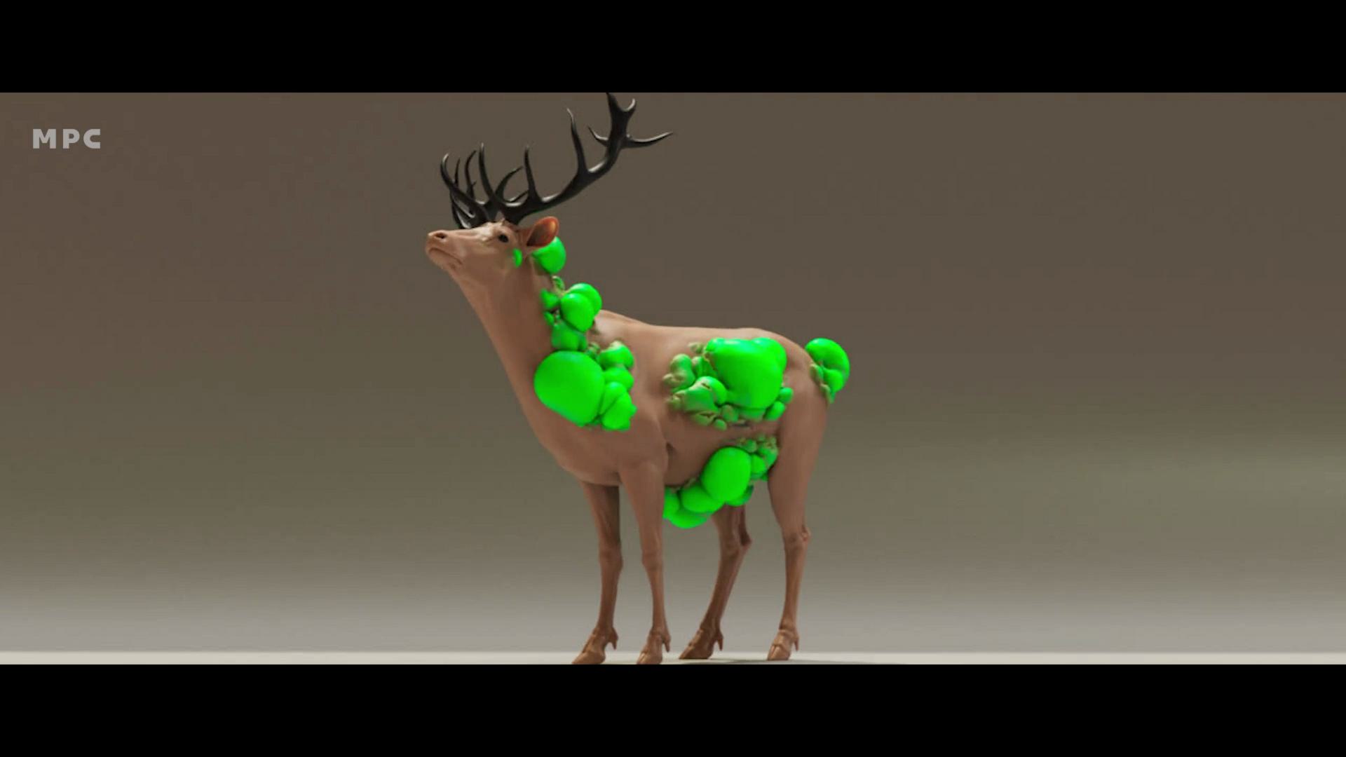 a 3d model of a deer with a light brown body and prominent antlers featuring vibrant green organic shapes attached to its side set against a neutral gray background digital production A 3D model of a deer with a light brown body and prominent antlers, featuring vibrant green organic shapes attached to its side, set against a neutral gray background.