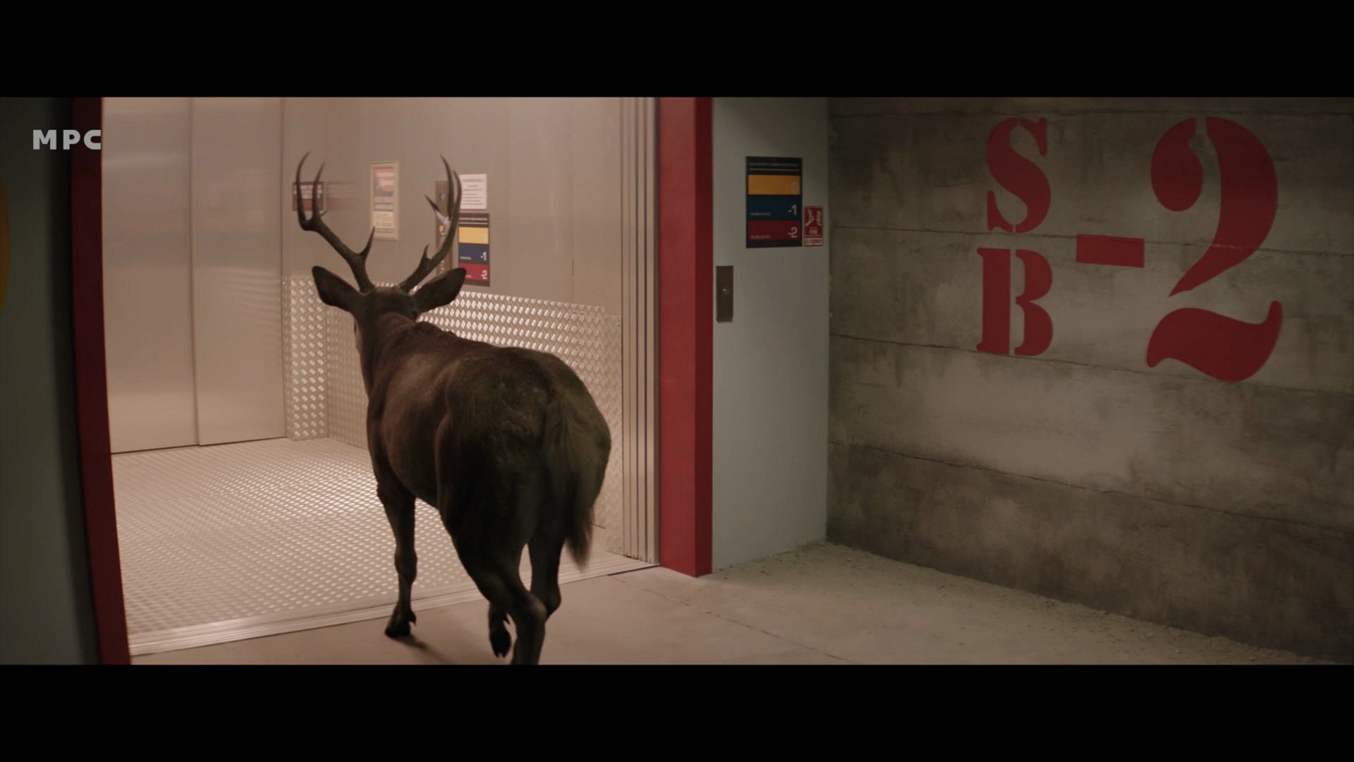 a deer with antlers walking out of an elevator in a modern building with a concrete wall featuring the painted letters s b 2 nearby bright subtle lighting enhances the unusual setting digital production A deer with antlers walking out of an elevator in a modern building, with a concrete wall featuring the painted letters 'S B - 2' nearby. Bright, subtle lighting enhances the unusual setting.