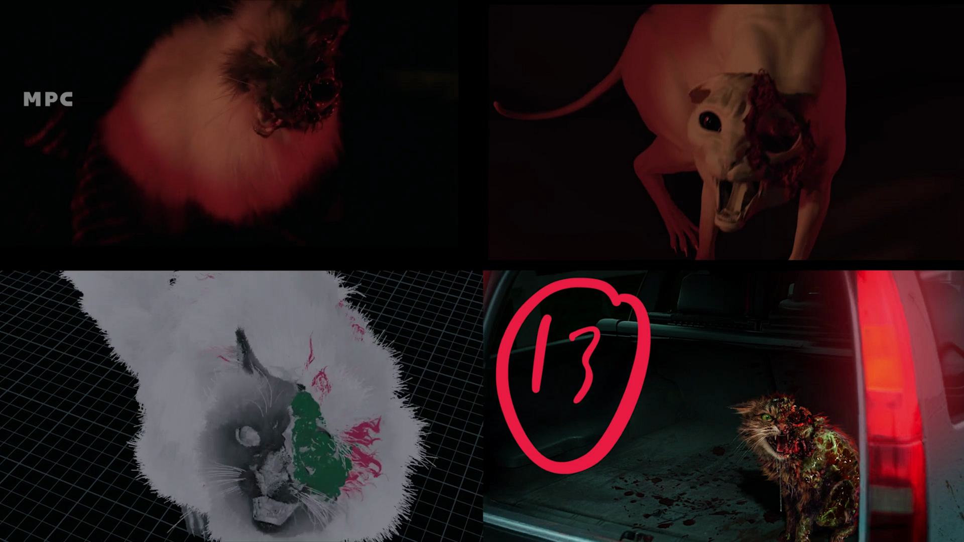 a collage of four images including a cgi cat with exaggerated features an animated dog in a dark scene a digital rendering featuring bright colors and a real dog with a red number 13 drawn on a surface digital production A collage of four images, including a CGI cat with exaggerated features, an animated dog in a dark scene, a digital rendering featuring bright colors, and a real dog with a red number '13' drawn on a surface.