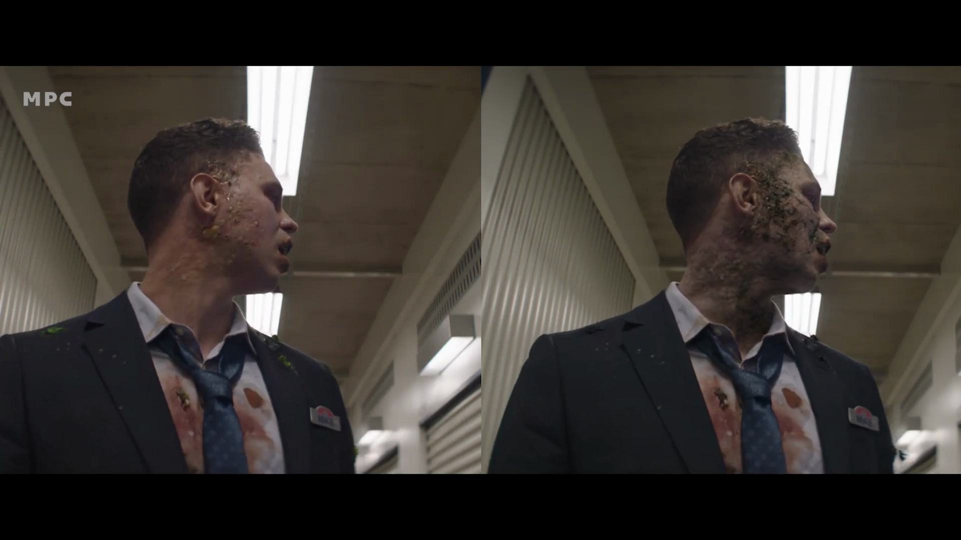 a man with a torn suit showing signs of distress stands in a corridor his shirt is stained with blood and his face has injuries suggesting a recent incident the scene is dimly lit emphasizing the tense atmosphere digital production A man with a torn suit, showing signs of distress, stands in a corridor. His shirt is stained with blood, and his face has injuries, suggesting a recent incident. The scene is dimly lit, emphasizing the tense atmosphere.