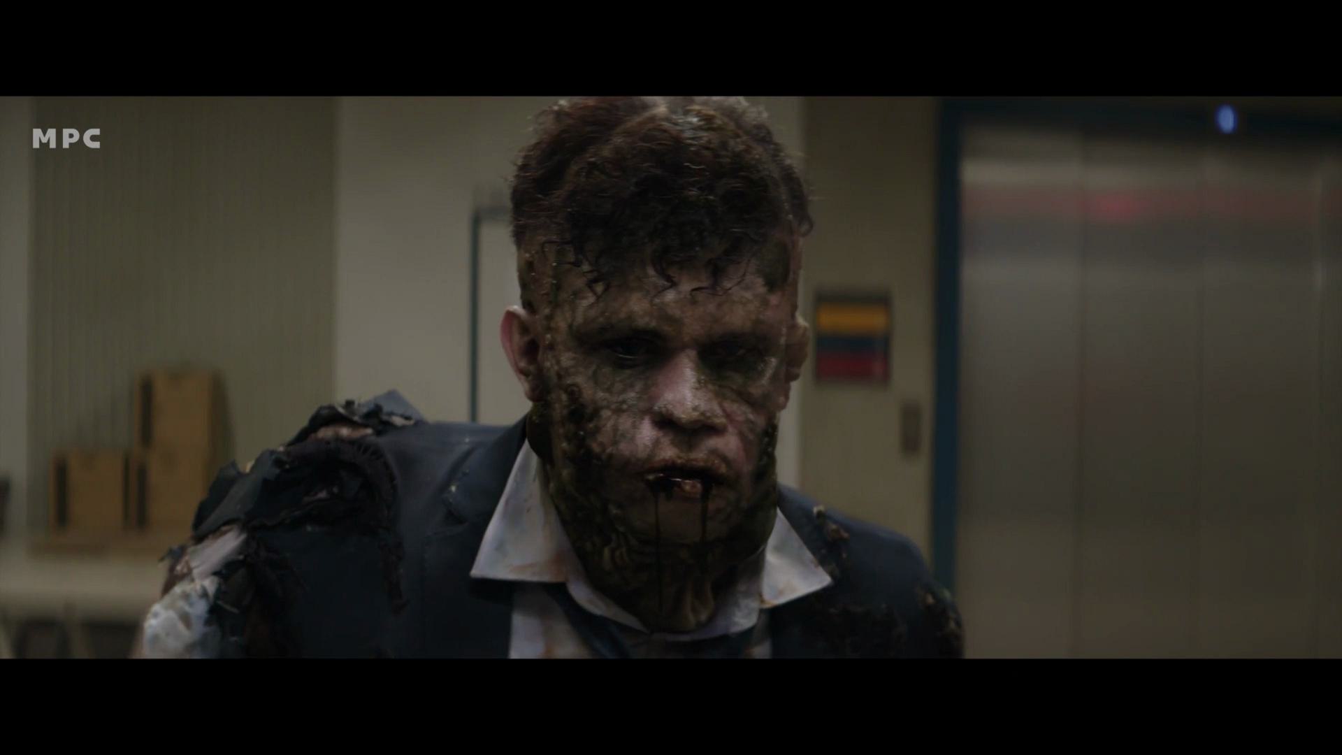 a disheveled man with a torn suit and a grotesque disfigured face stands in a hallway his skin appears damaged and covered in dark marks contrasting with the modern welllit background of an elevator area digital production A disheveled man with a torn suit and a grotesque, disfigured face stands in a hallway. His skin appears damaged and covered in dark marks, contrasting with the modern, well-lit background of an elevator area.