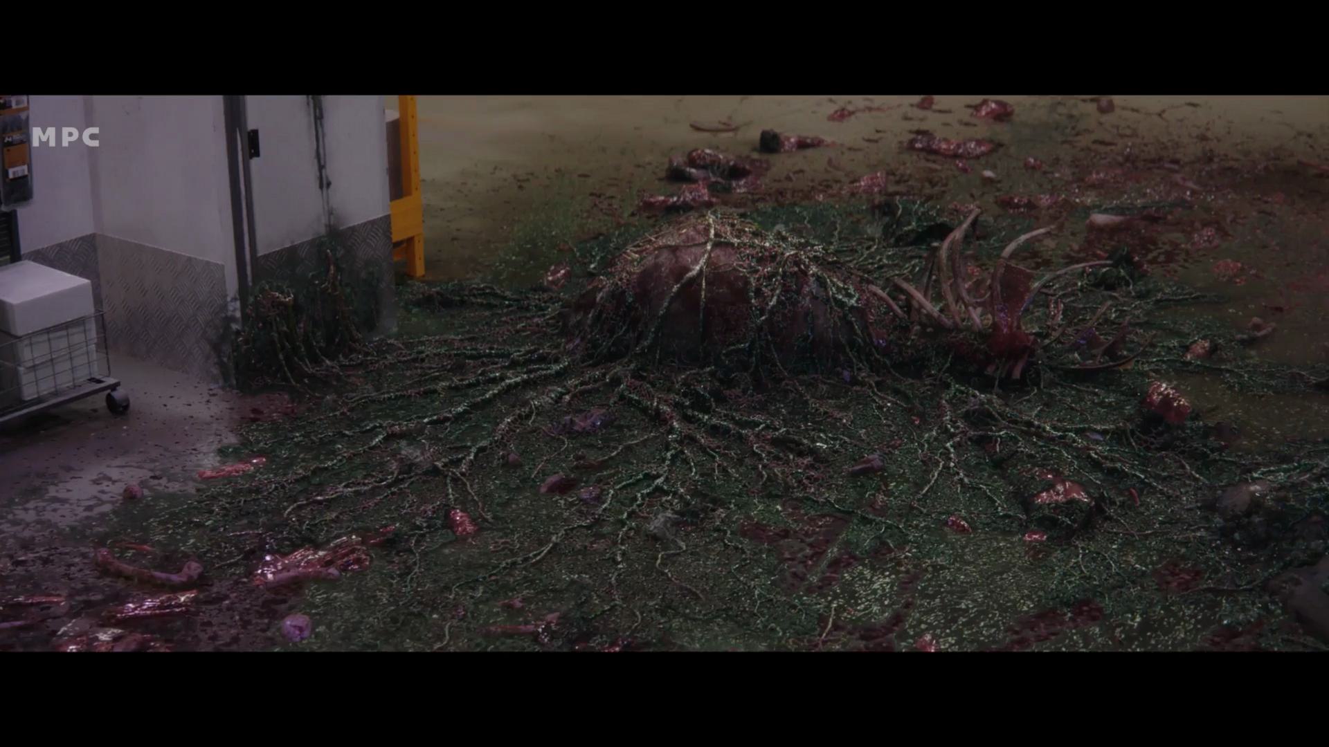 a surreal scene showing a large organic mass with twisted roots spreading across a floor surrounding it there are scattered indistinct organic remnants with a muted color palette of greens and browns creating an eerie atmosphere digital production A surreal scene showing a large, organic mass with twisted roots spreading across a floor. Surrounding it, there are scattered, indistinct organic remnants, with a muted color palette of greens and browns, creating an eerie atmosphere.