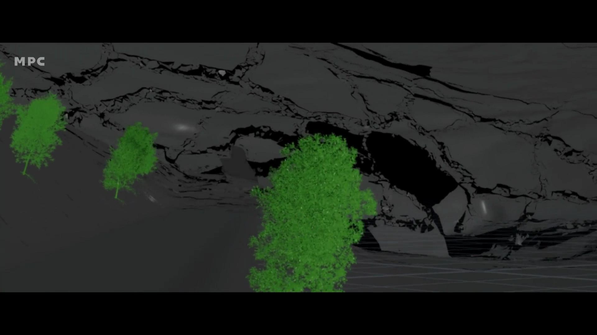 a digital rendering showing a cracked landscape with several green trees in the foreground the background features dark jagged terrain emphasizing the contrast between the organic shapes of the trees and the harshness of the cracked surface digital production A digital rendering showing a cracked landscape with several green trees in the foreground. The background features dark, jagged terrain, emphasizing the contrast between the organic shapes of the trees and the harshness of the cracked surface.