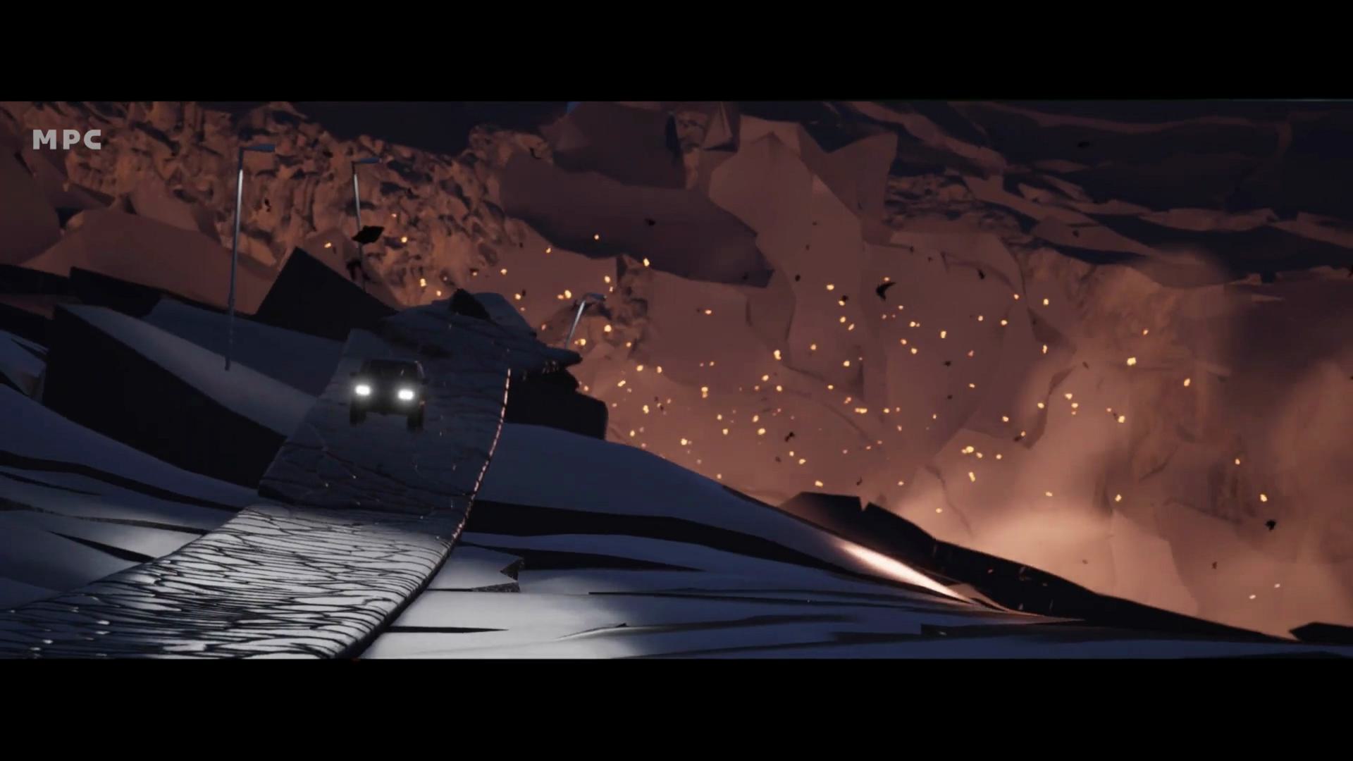 a dimly lit scene of a rugged landscape with a winding path leading upward in the background large rocky formations are shown with debris scattering in the air suggesting an unstable environment a vehicle with headlights on navigates the path digital production A dimly lit scene of a rugged landscape with a winding path leading upward. In the background, large rocky formations are shown with debris scattering in the air, suggesting an unstable environment. A vehicle with headlights on navigates the path.