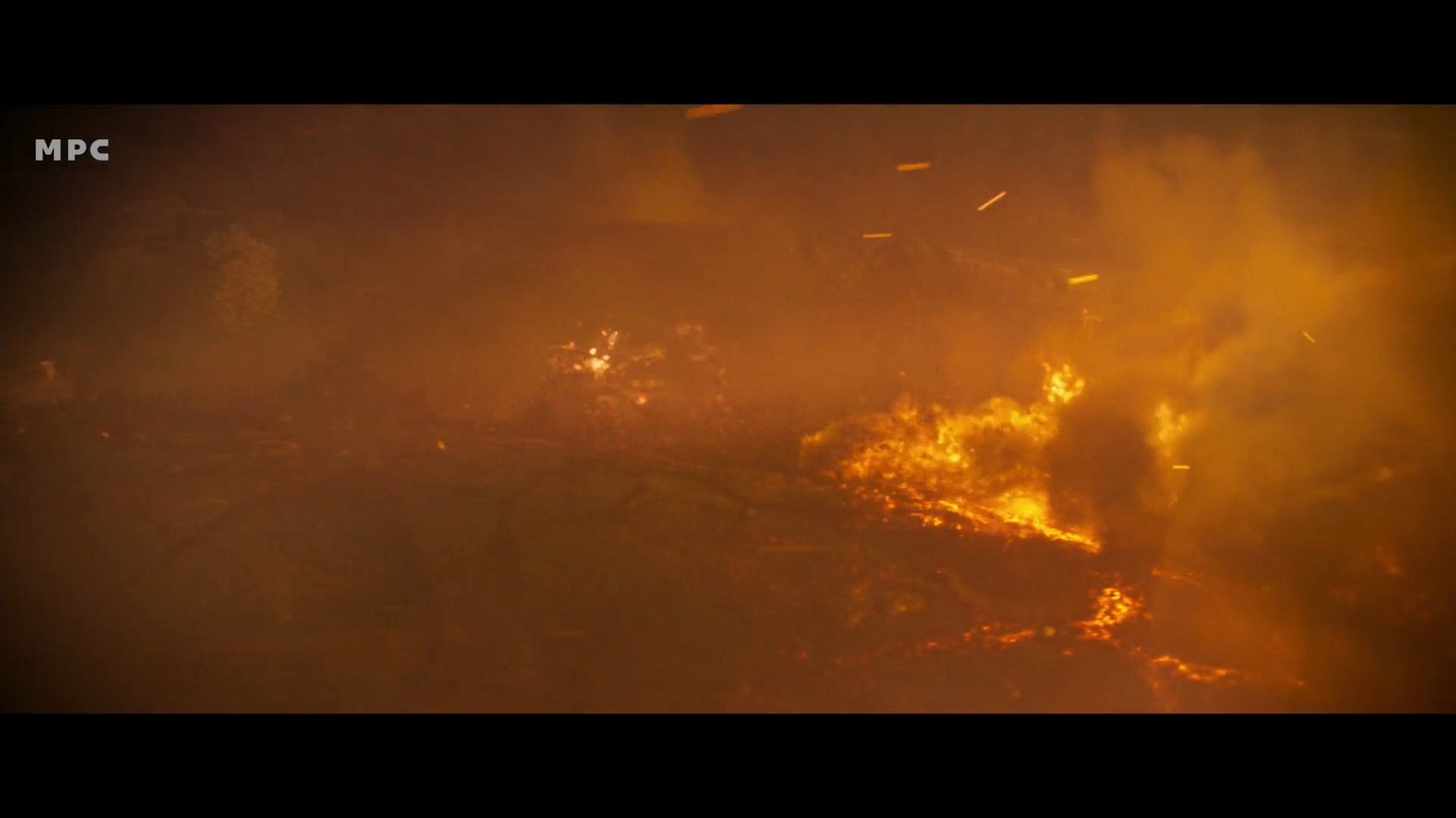 a dramatic scene depicting a vast landscape engulfed in flames and smoke with deep orange and red hues illuminating the darkened atmosphere occasional sparks and embers are visible against the fiery backdrop digital production A dramatic scene depicting a vast landscape engulfed in flames and smoke, with deep orange and red hues illuminating the darkened atmosphere. Occasional sparks and embers are visible against the fiery backdrop.