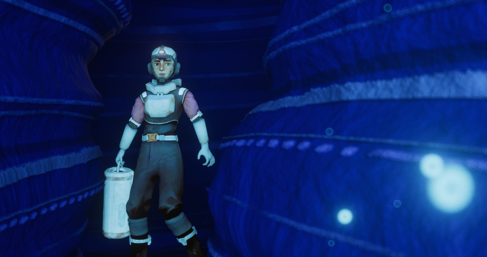 a character wearing a futuristic outfit stands in a vibrant bluethemed environment holding a cylindrical object the setting features twisted formations and glowing orbs in the background creating an underwater or scifi atmosphere digital production A character wearing a futuristic outfit stands in a vibrant, blue-themed environment, holding a cylindrical object. The setting features twisted formations and glowing orbs in the background, creating an underwater or sci-fi atmosphere.