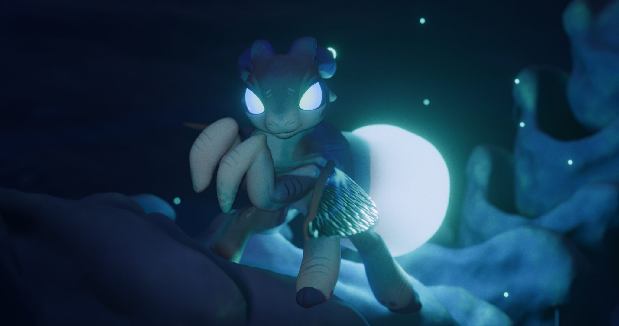 a whimsical animated creature with large glowing eyes and soft features holding a small object stands on a textured surface the background is an otherworldly scene with soft blue lighting and ethereal shapes digital production A whimsical, animated creature with large glowing eyes and soft features, holding a small object, stands on a textured surface. The background is an otherworldly scene with soft blue lighting and ethereal shapes.