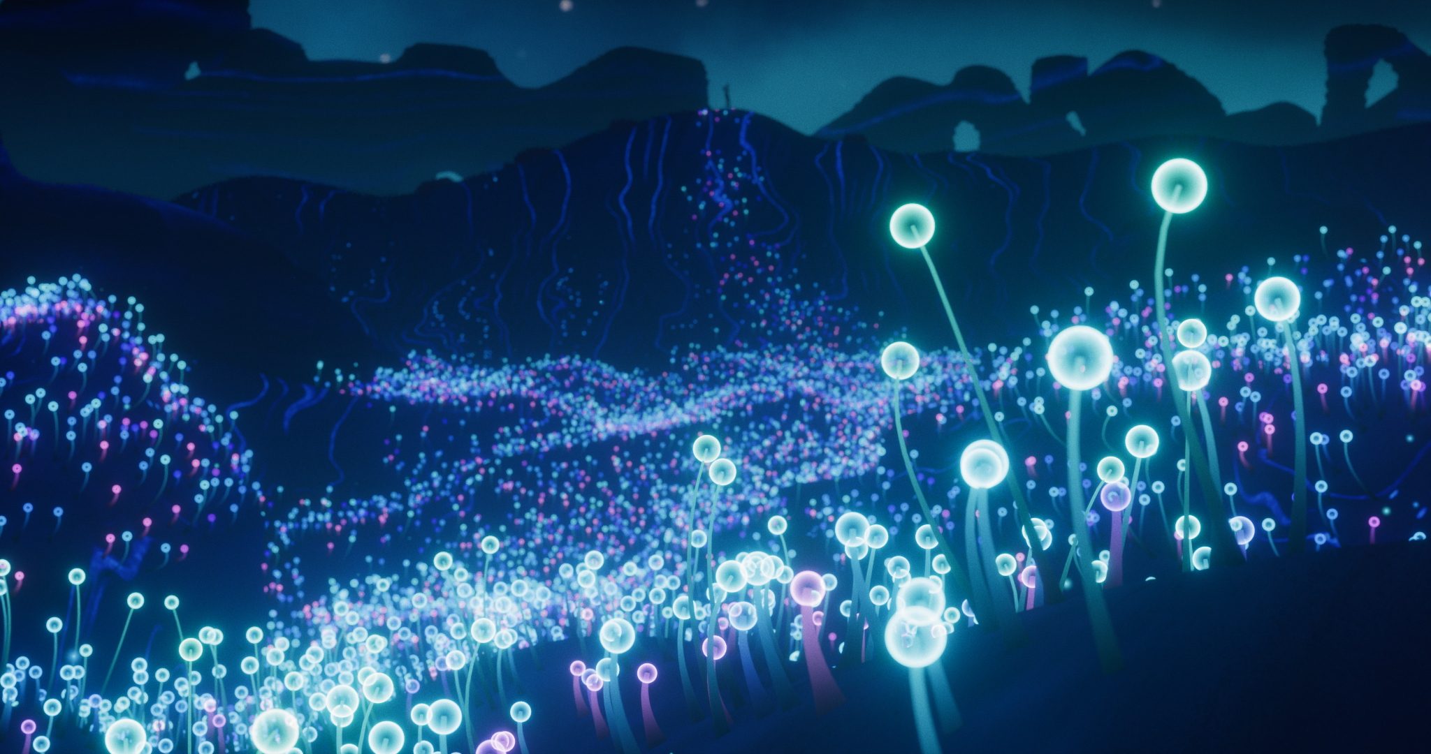 a fantastical landscape filled with luminous glowing floral forms in shades of blue pink and purple the scene features softly illuminated hills and valleys under a starry night sky creating a dreamlike atmosphere digital production A fantastical landscape filled with luminous, glowing floral forms in shades of blue, pink, and purple. The scene features softly illuminated hills and valleys under a starry night sky, creating a dreamlike atmosphere.