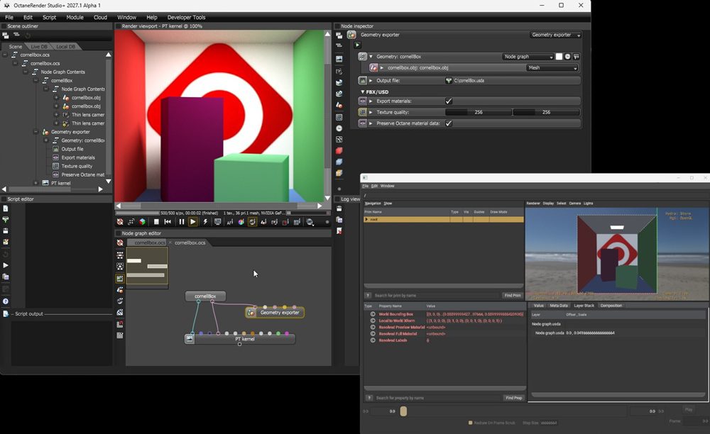 a software interface showing a 3d modeling workspace with colorful shapes and a logo in the background there are multiple panels displaying tool options and outputs on a dark interface digital production A software interface showing a 3D modeling workspace with colorful shapes and a logo in the background. There are multiple panels displaying tool options and outputs on a dark interface.