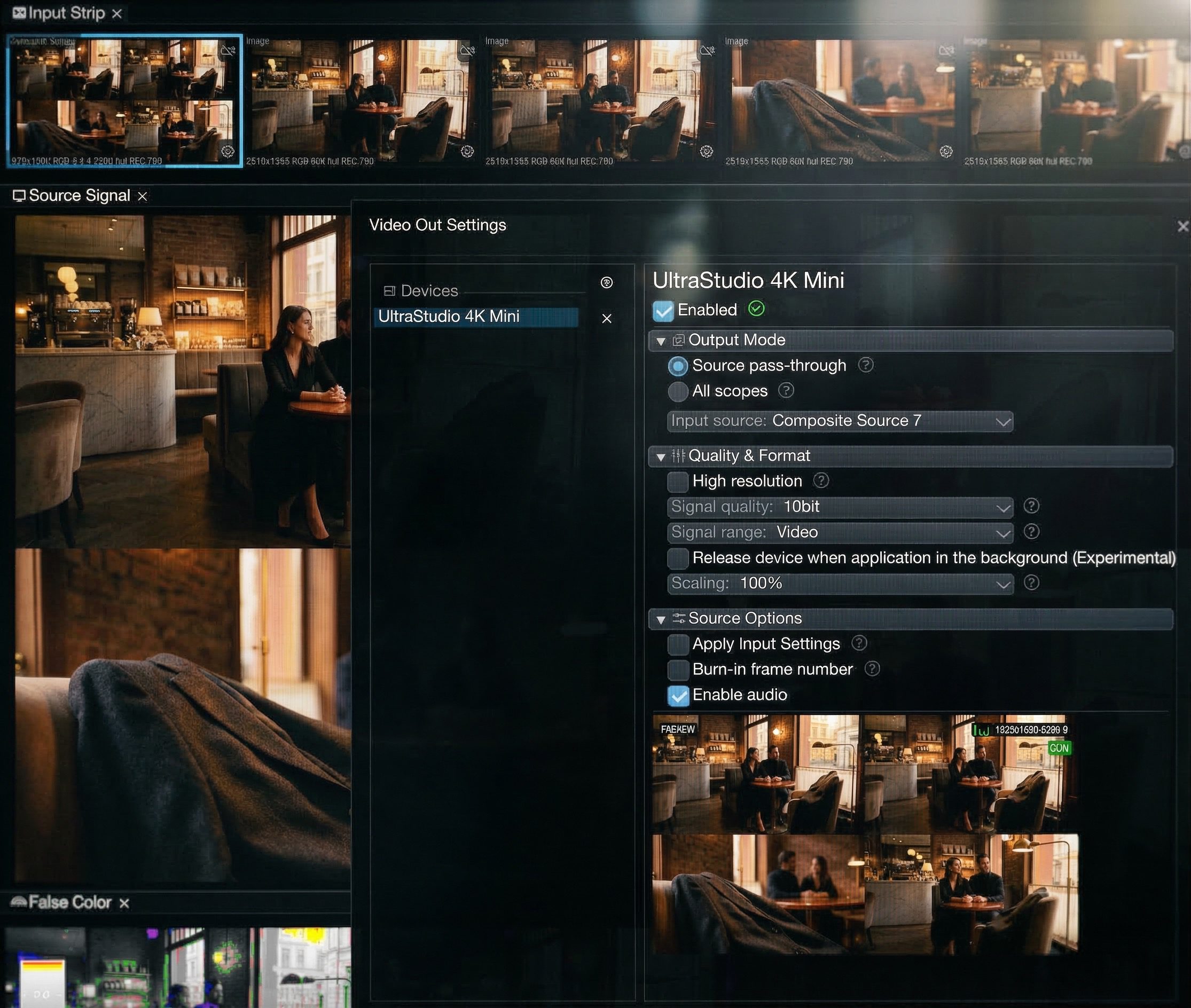 a digital editing interface displaying video settings for the ultrastudio 4k mini the layout includes various thumbnails and adjustment options for output mode resolution and source settings all set against a dimly lit background digital production A digital editing interface displaying video settings for the UltraStudio 4K Mini. The layout includes various thumbnails and adjustment options for output mode, resolution, and source settings, all set against a dimly lit background.